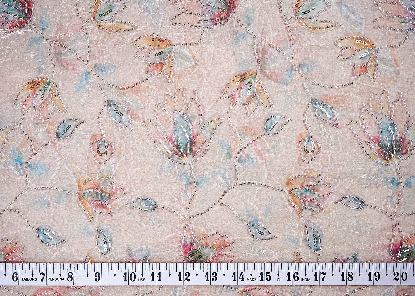Beige Organza Satin Fabric with All Over Print and Katdana Sequins Work 15789