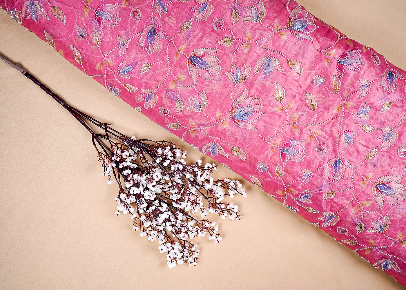 Pink Organza Satin Fabric with All Over Print and Katdana Sequins Work 15790
