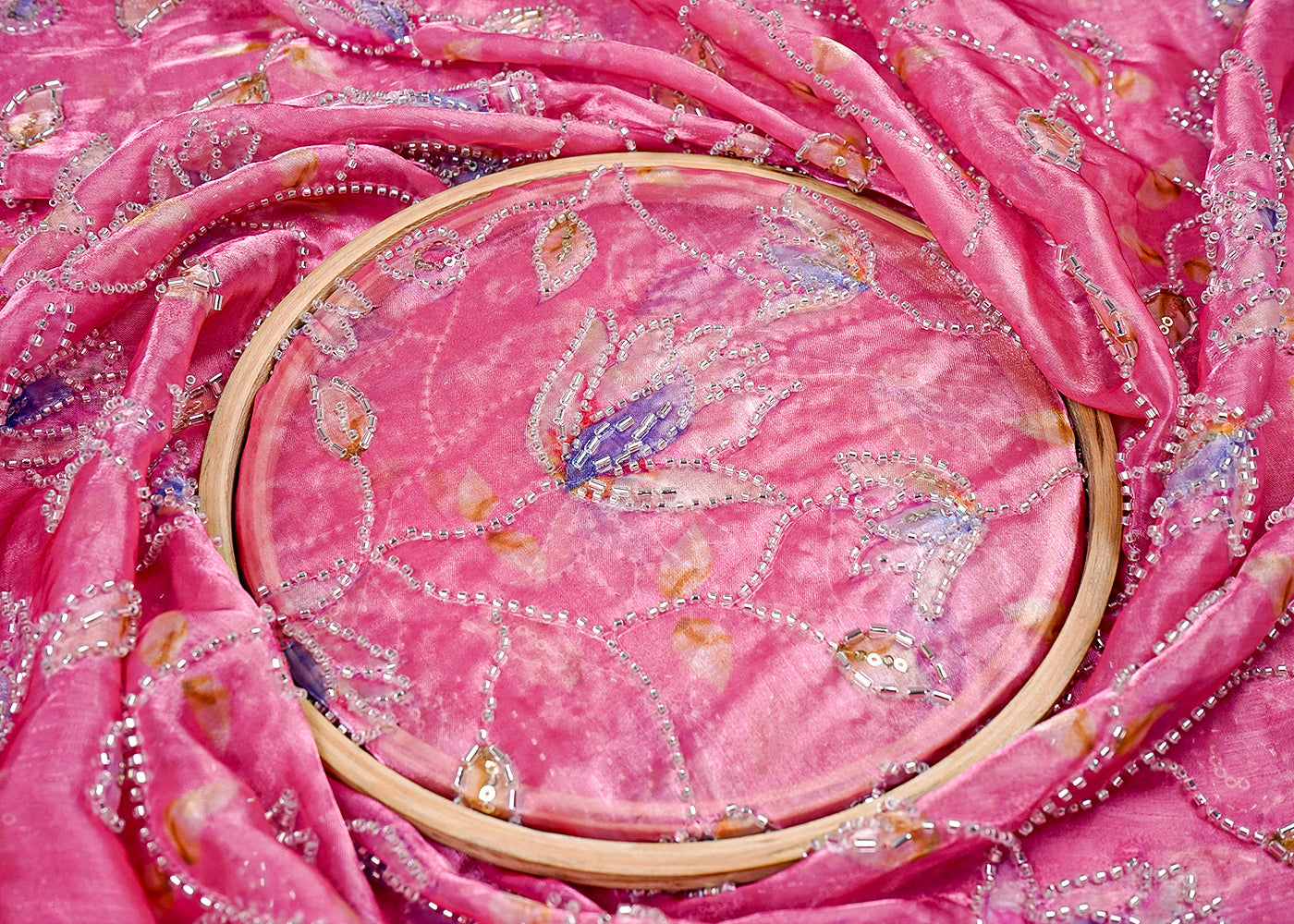 Pink Organza Satin Fabric with All Over Print and Katdana Sequins Work 15790