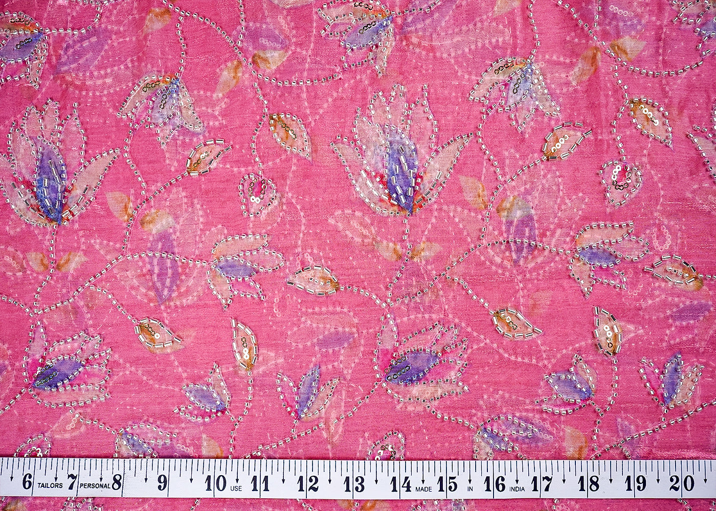 Pink Organza Satin Fabric with All Over Print and Katdana Sequins Work 15790