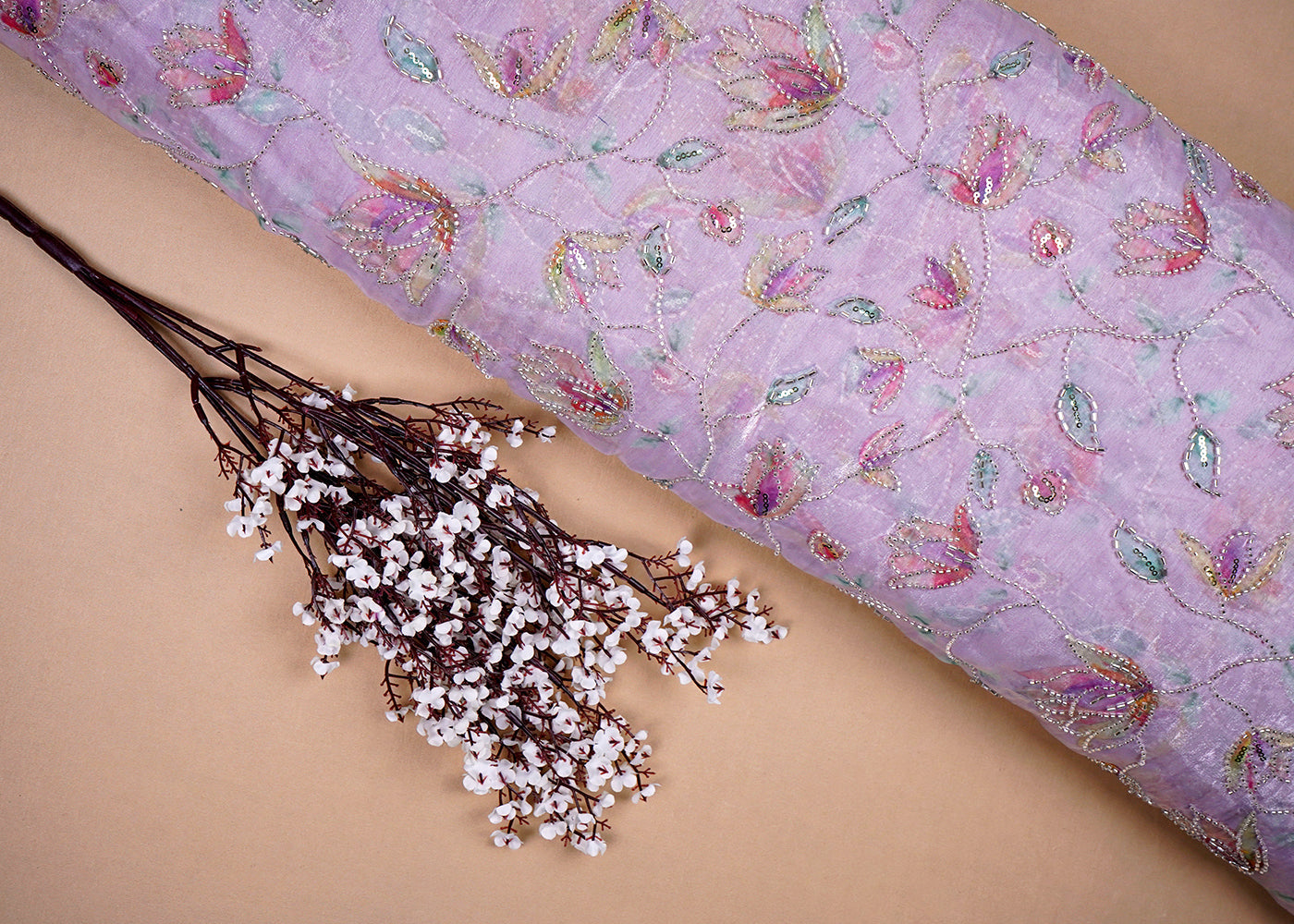 Lavender Organza Satin Fabric with All Over Print and Katdana Sequins Work 15791