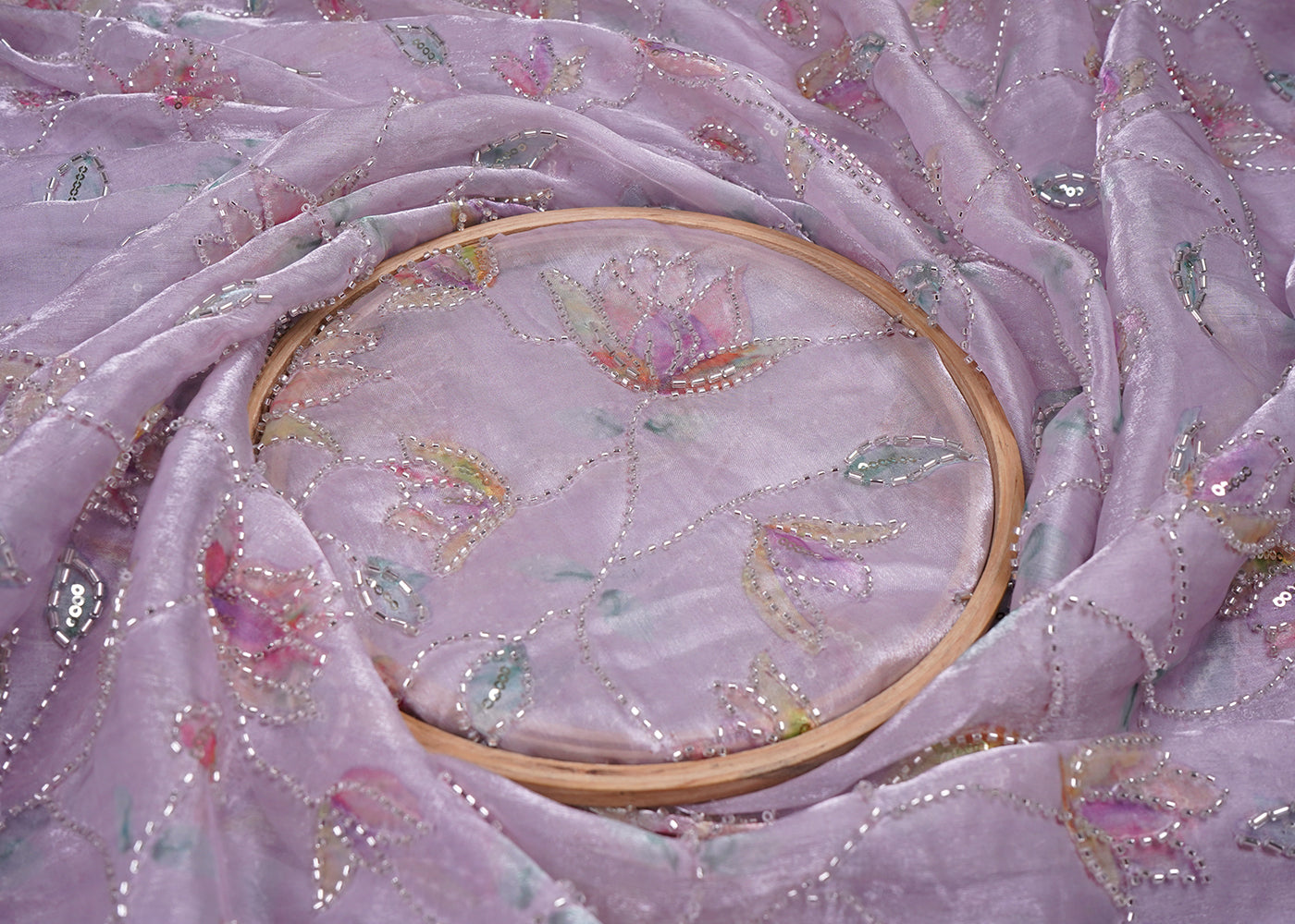 Lavender Organza Satin Fabric with All Over Print and Katdana Sequins Work 15791