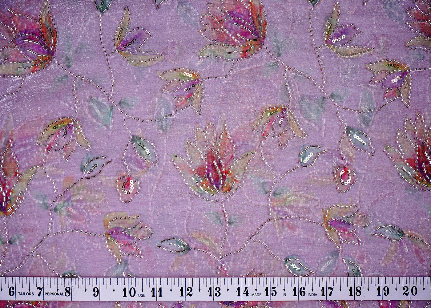 Lavender Organza Satin Fabric with All Over Print and Katdana Sequins Work 15791