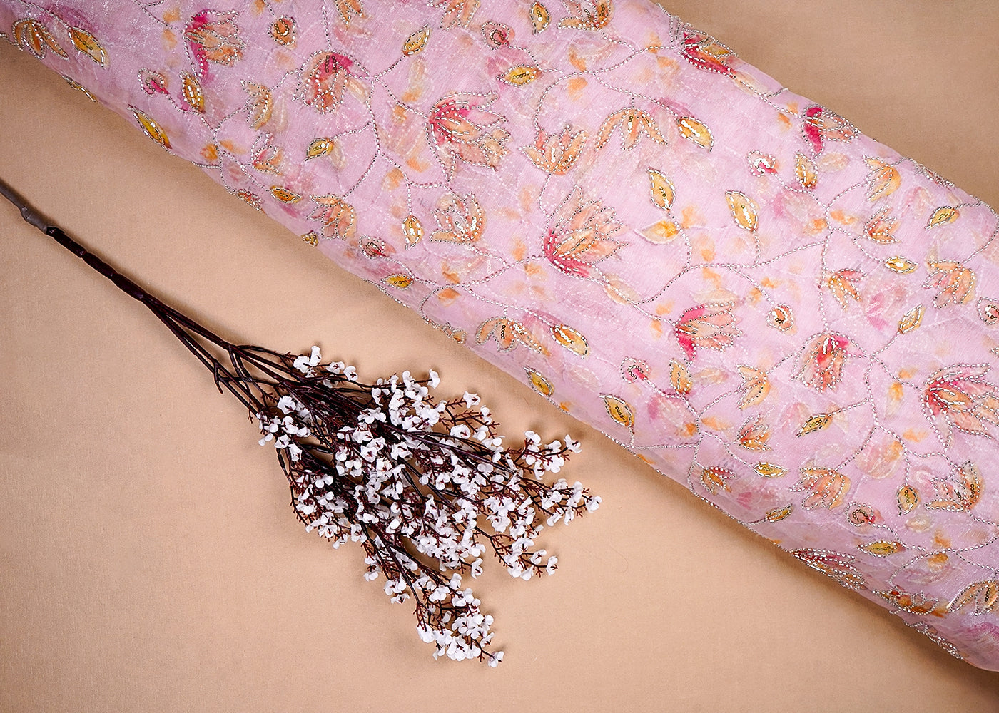 Peach Organza Satin Fabric with All Over Print and Katdana Sequins Work 15792