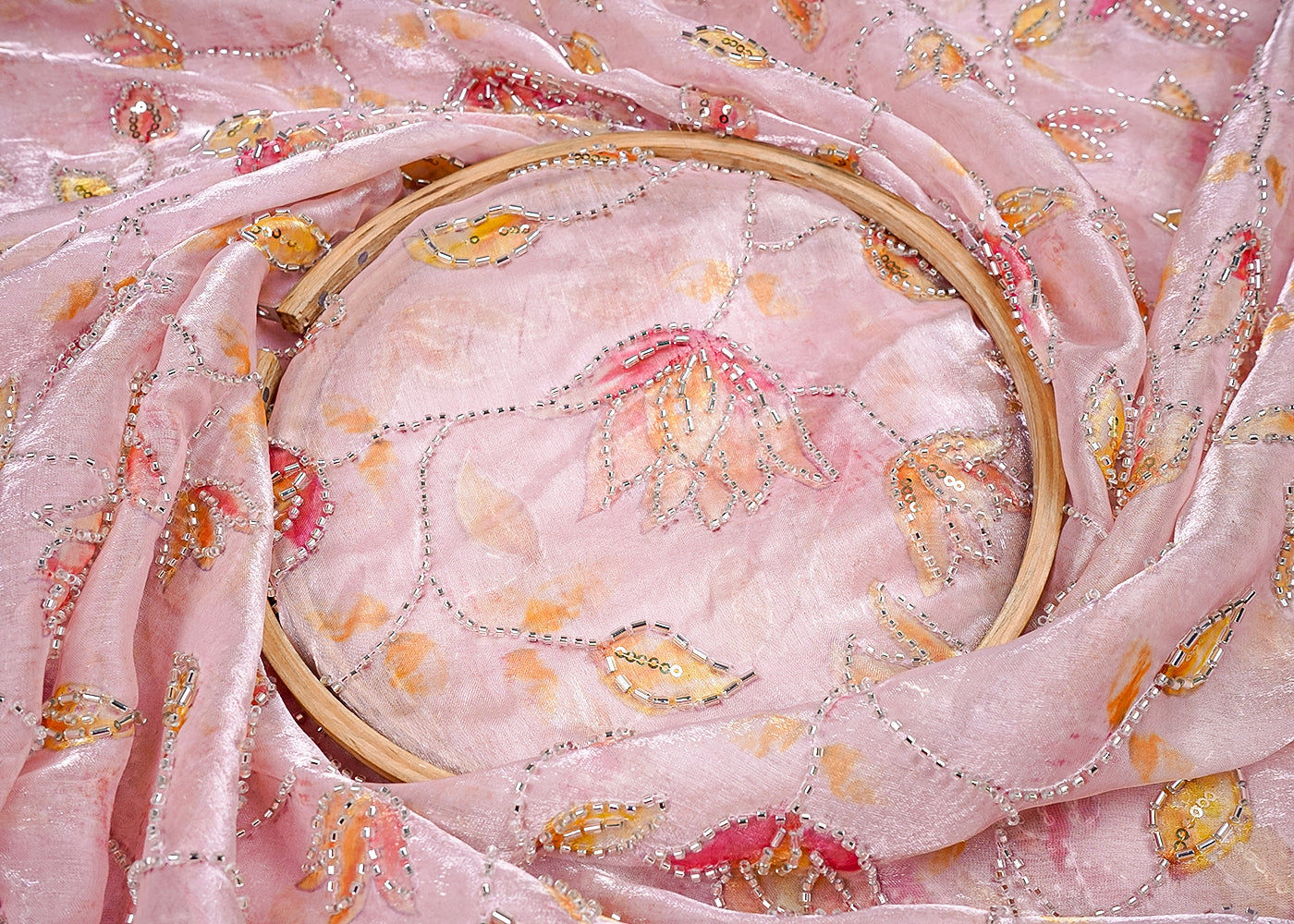 Peach Organza Satin Fabric with All Over Print and Katdana Sequins Work 15792