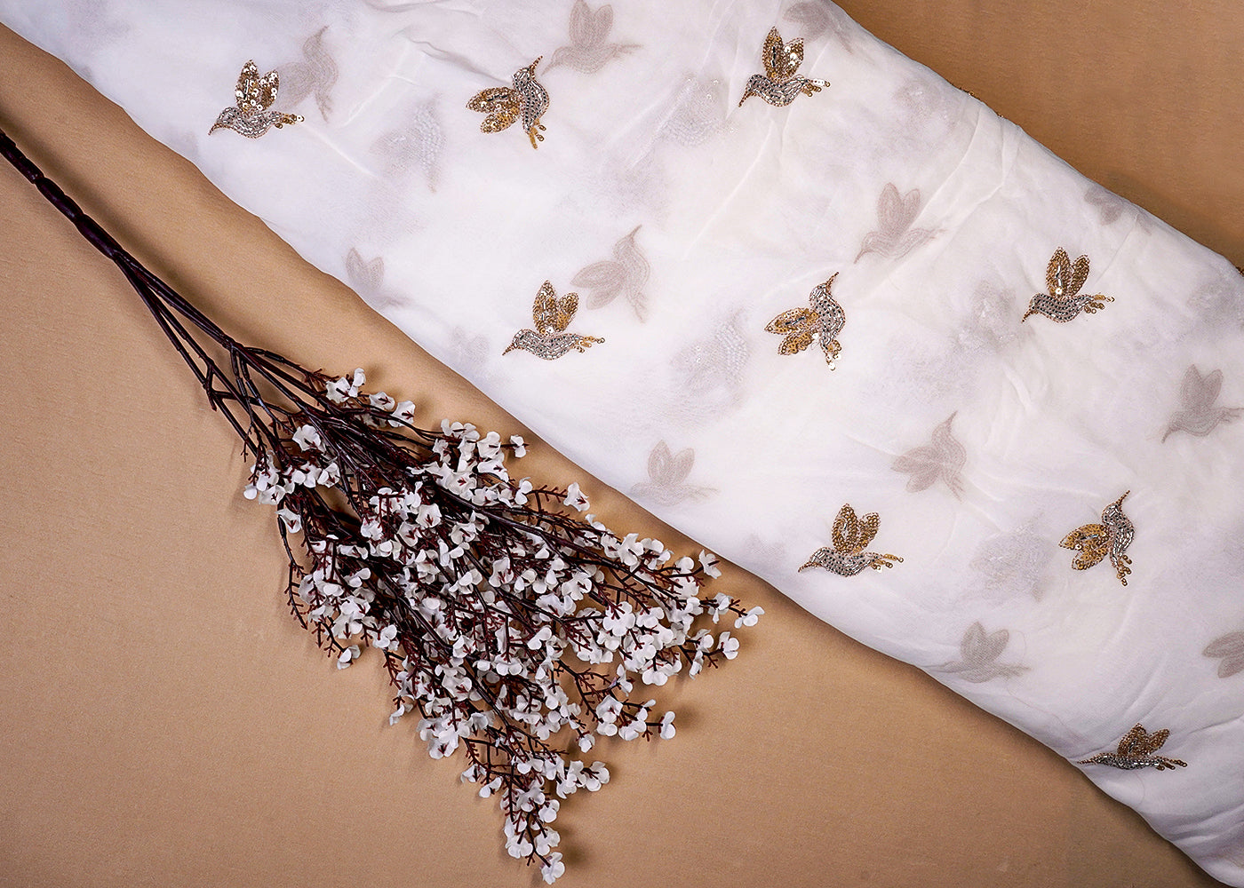 Dyeable Georgette White Fabric with All Over Zari, Bead, and Sequins Work 15793