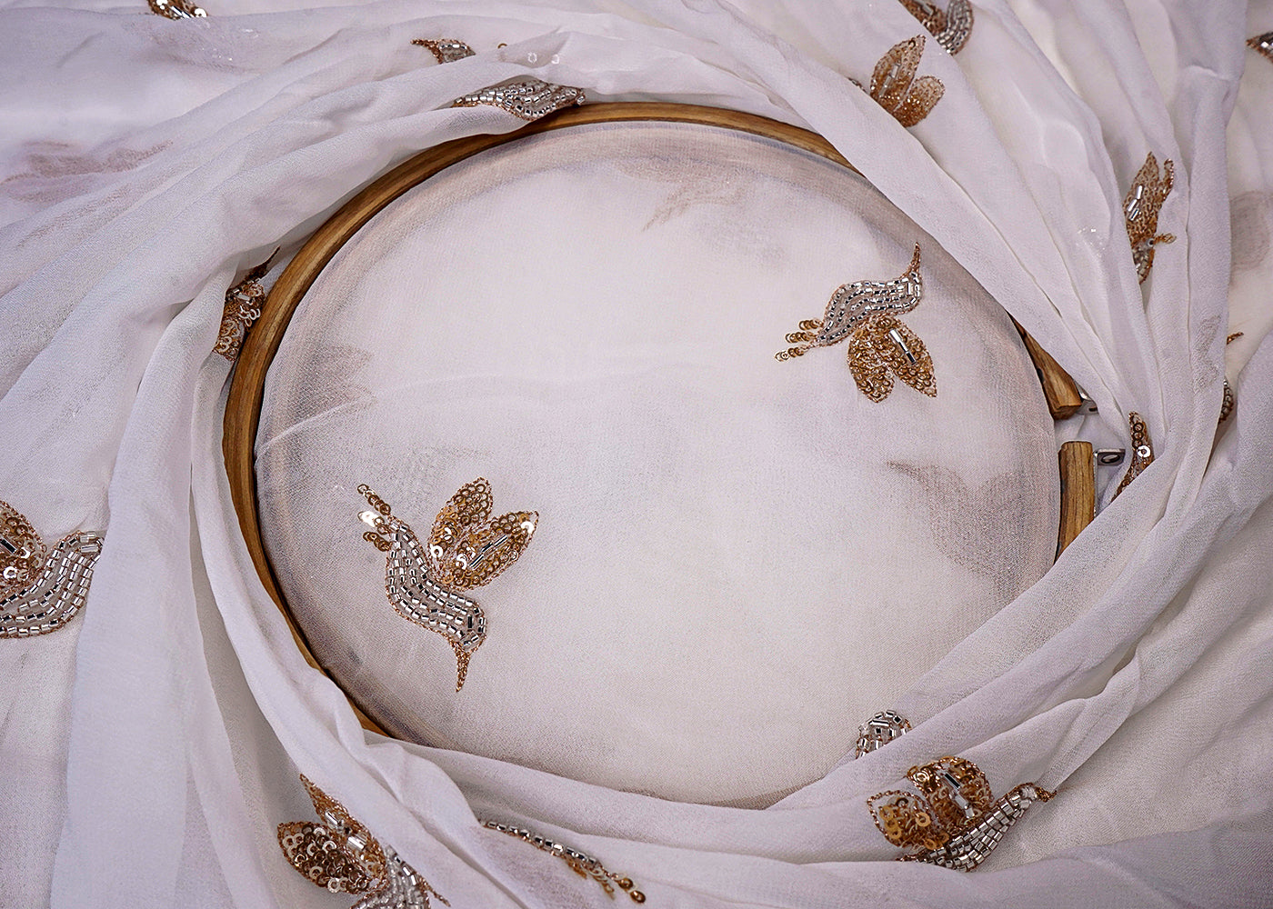 Dyeable Georgette White Fabric with All Over Zari, Bead, and Sequins Work 15793