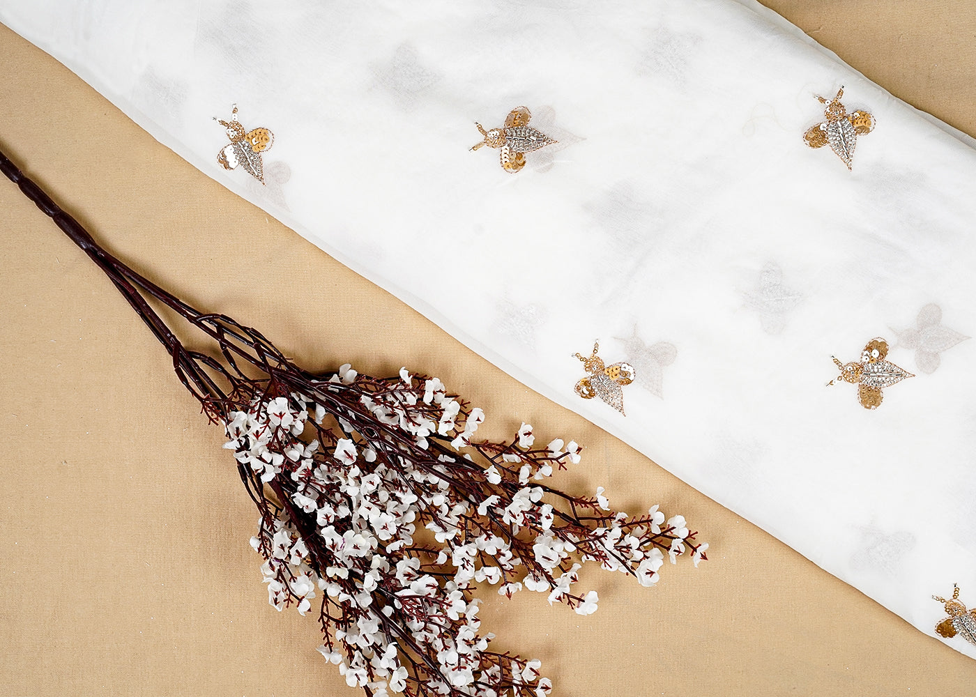 Dyeable Georgette White Fabric with All Over Zari, Bead, and Sequins Work 15795