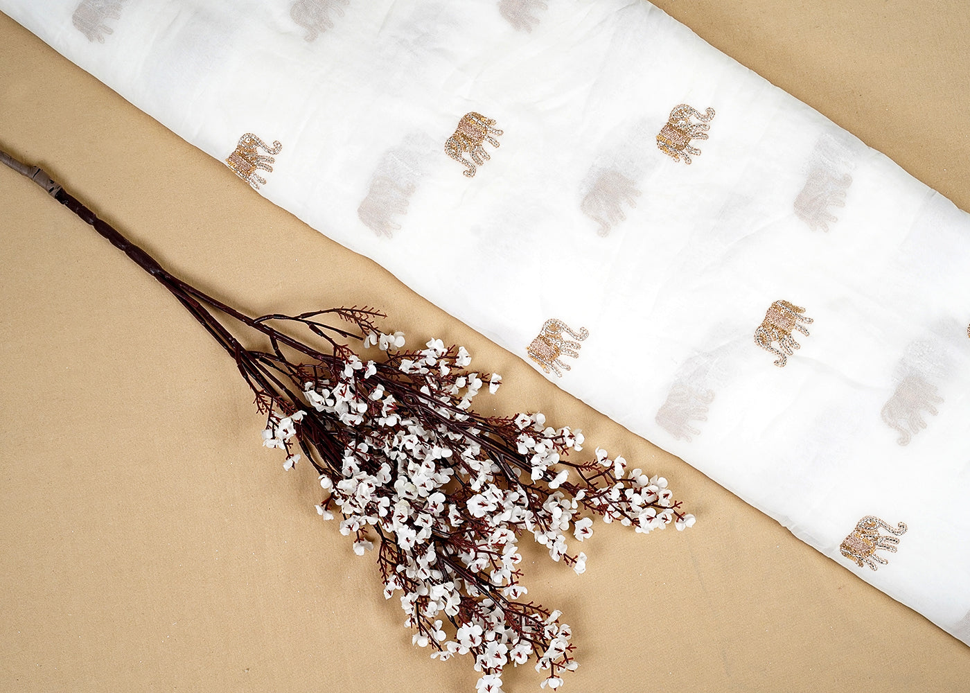 Dyeable Georgette White Fabric with All Over Zari, Bead, and Sequins Work 15796