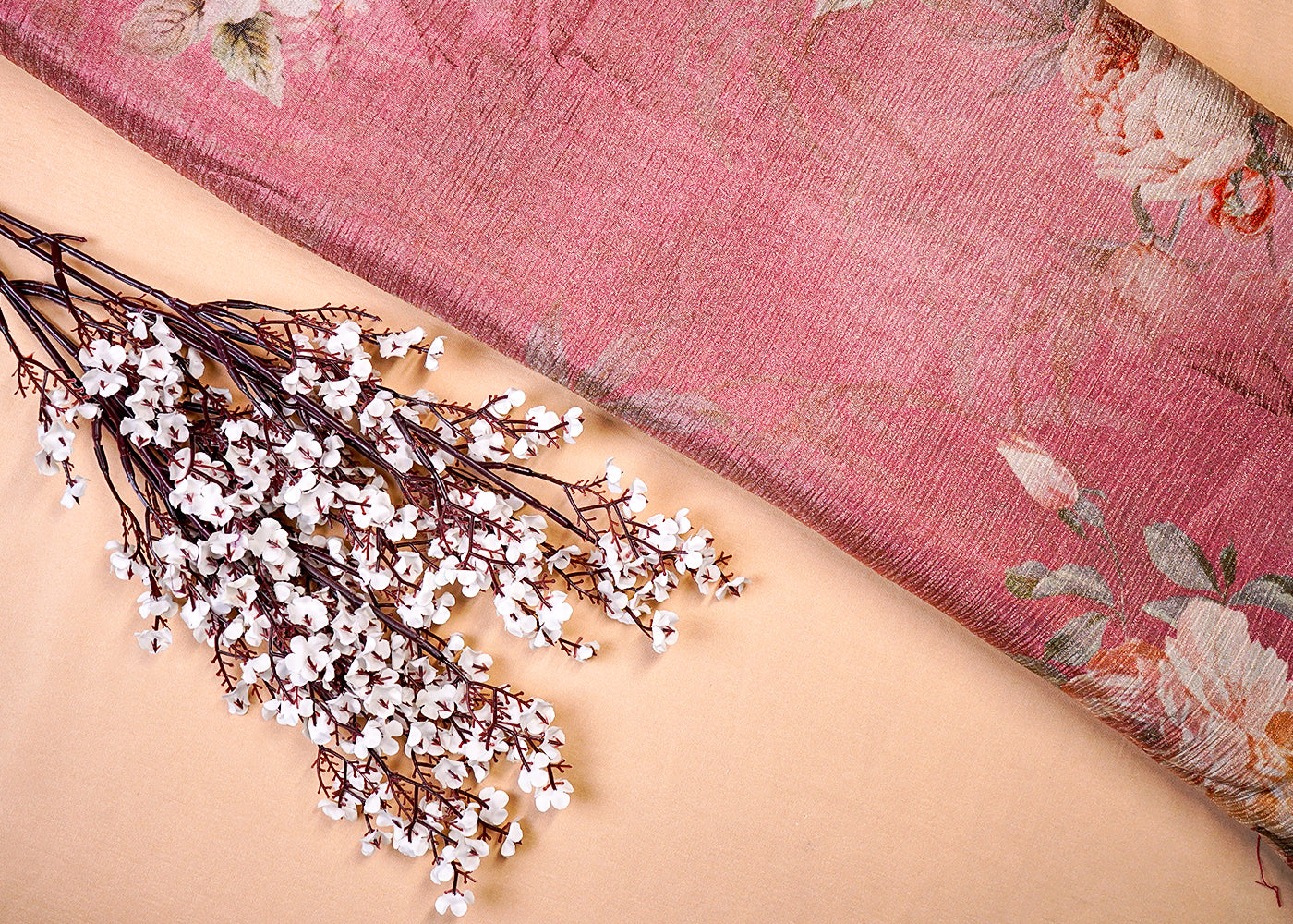 Rose Gold Crushed Tissue Fabric With All Over Floral Print 15809