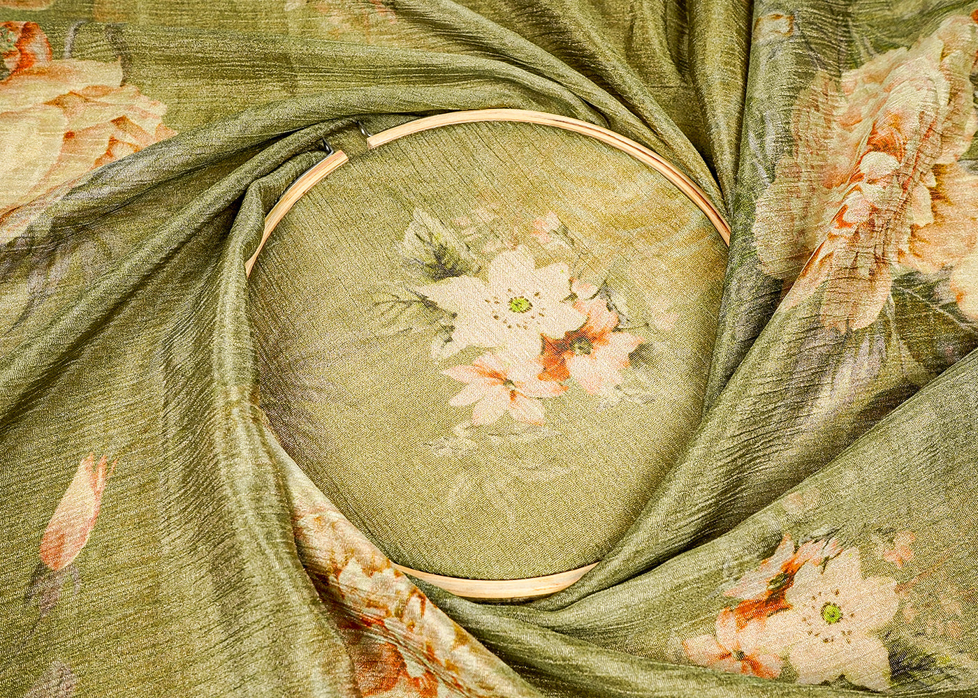 Pista Green Crushed Tissue Fabric With All Over Floral Print 15811