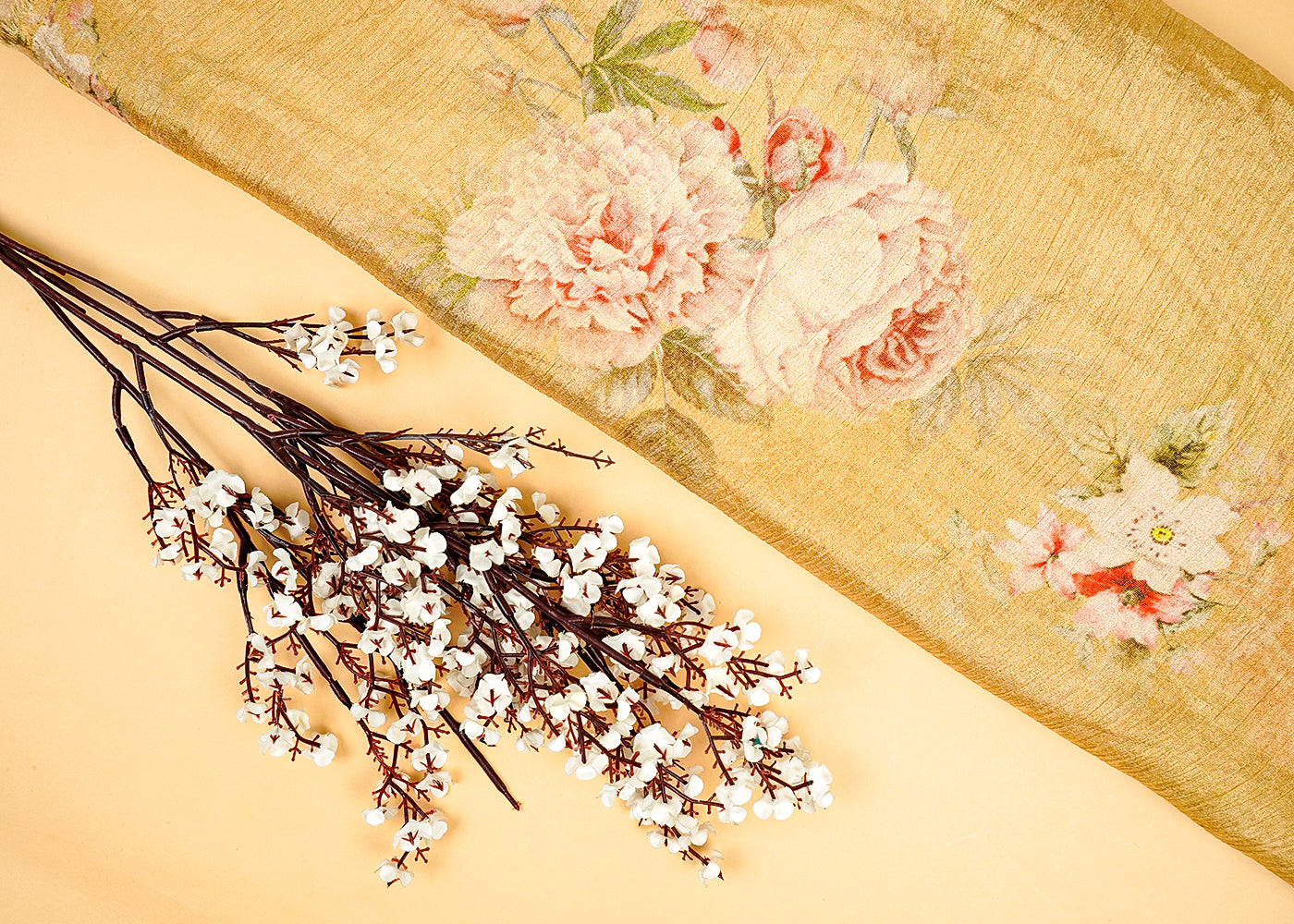 Golden Crushed Tissue Fabric With All Over Floral Print 15813