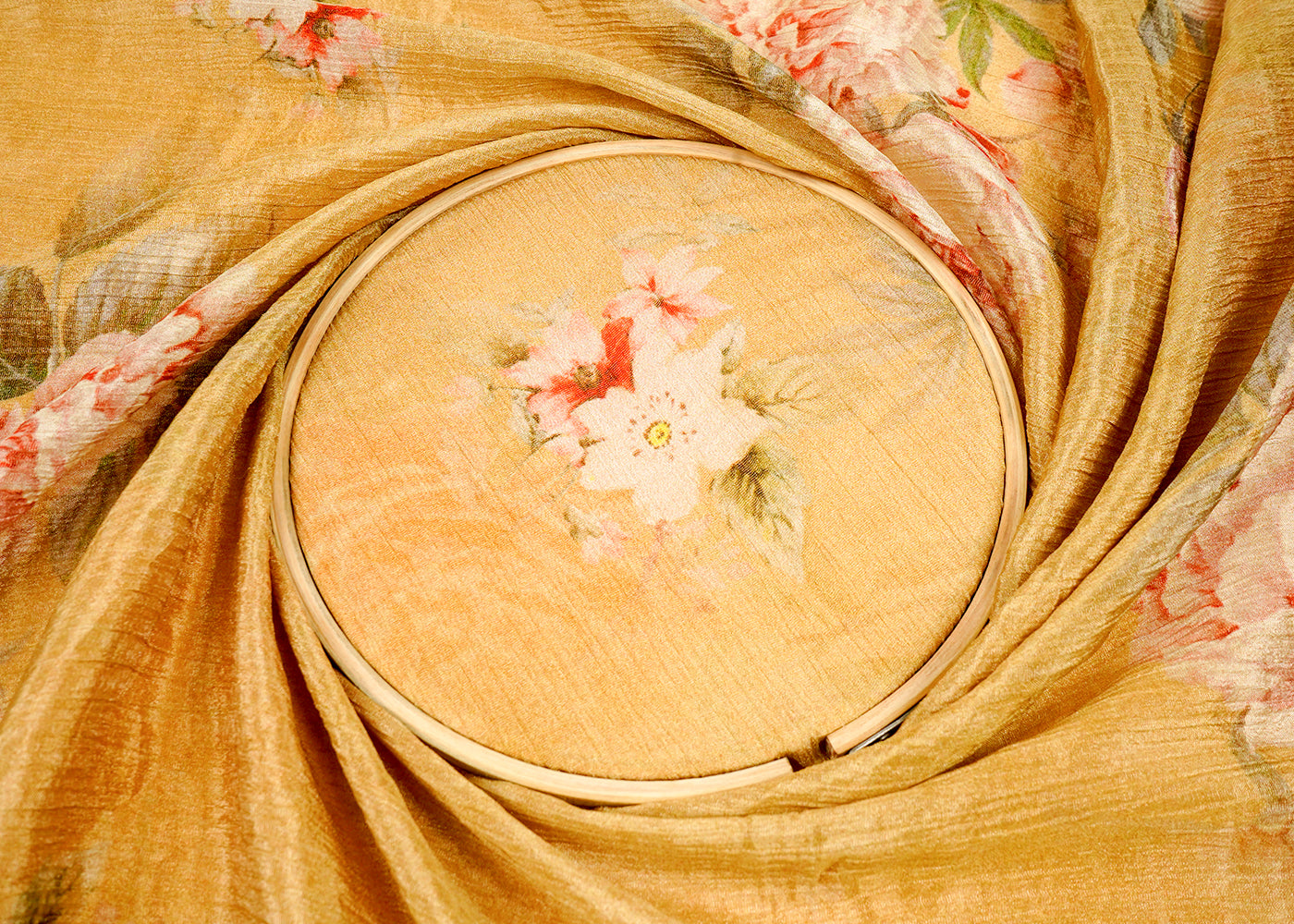 Golden Crushed Tissue Fabric With All Over Floral Print 15813