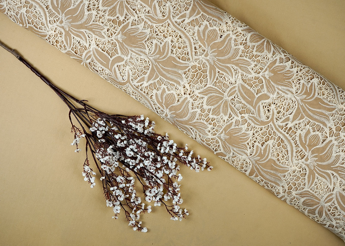 Beige Imported Crepe Fabric With All Over Cutwork 15820