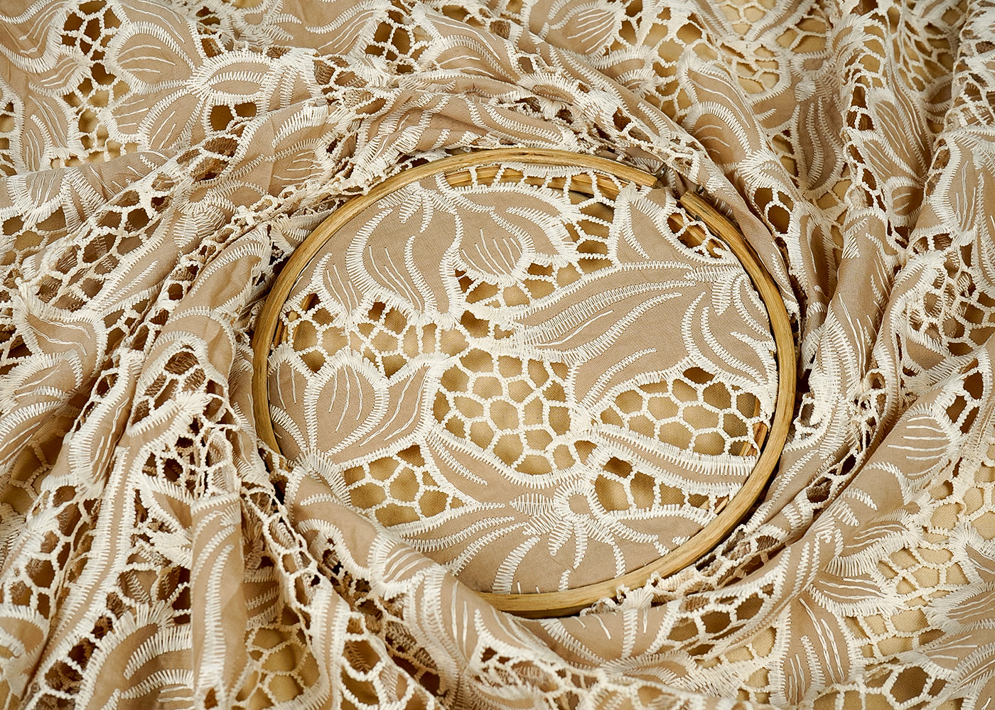 Beige Imported Crepe Fabric With All Over Cutwork 15820