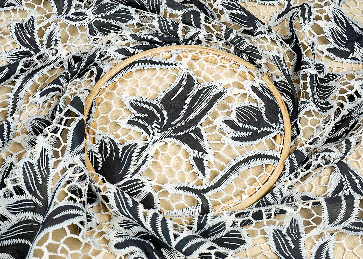 Black Imported Crepe Fabric With All Over Cutwork 15821