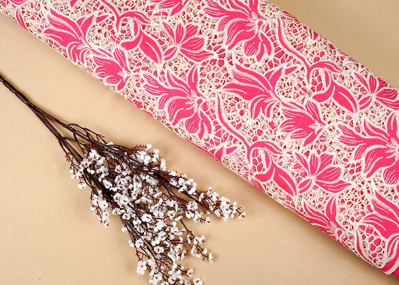 Pink Imported Crepe Fabric With All Over Cutwork 15823