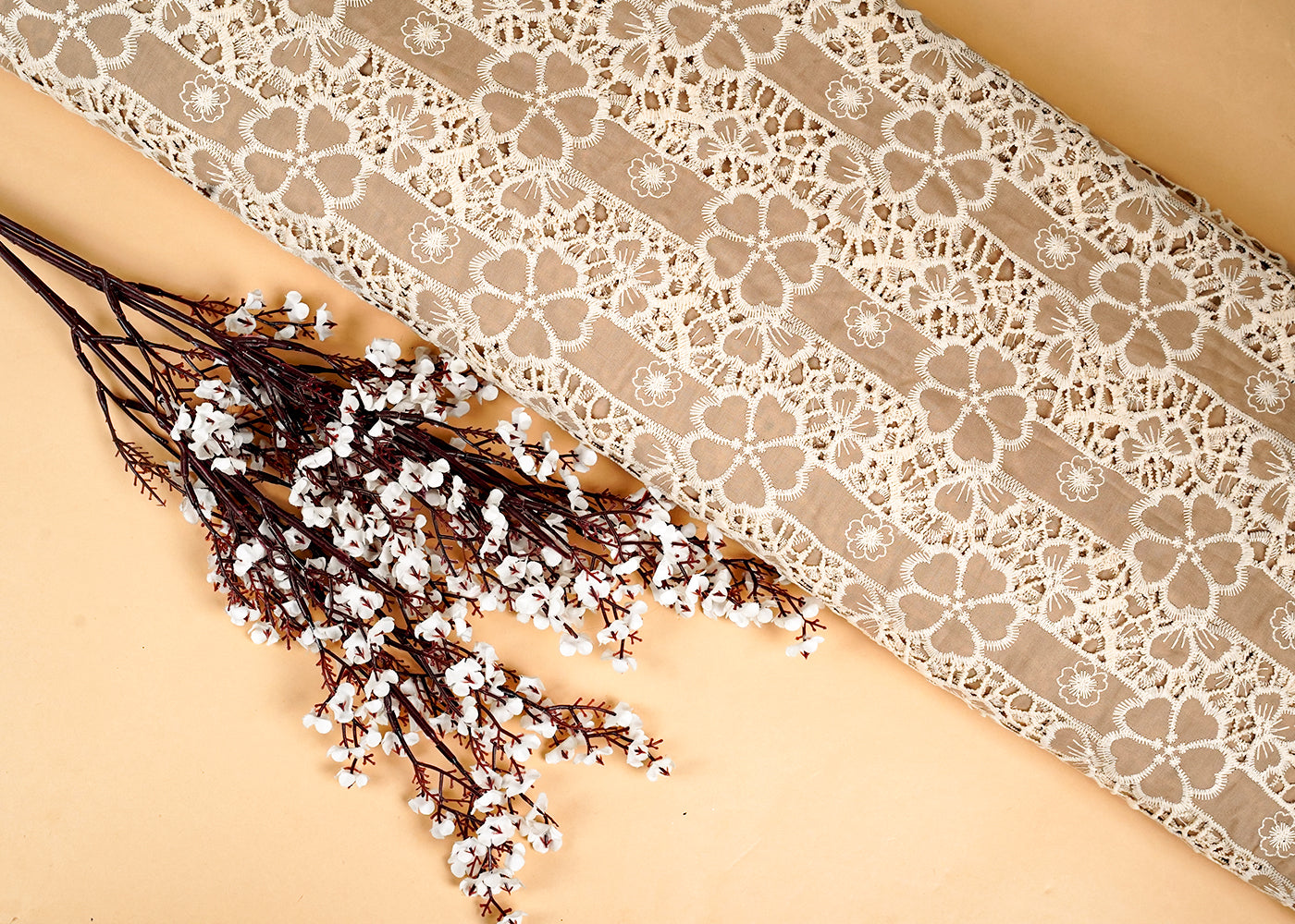 Beige Imported Crepe Fabric With All Over Cutwork 15825