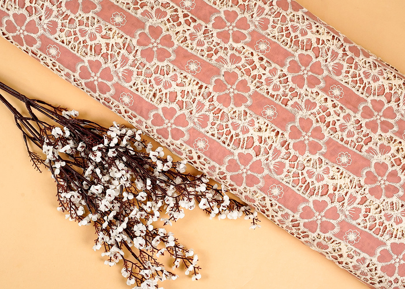 Baby Pink Imported Crepe Fabric With All Over Cutwork 15826