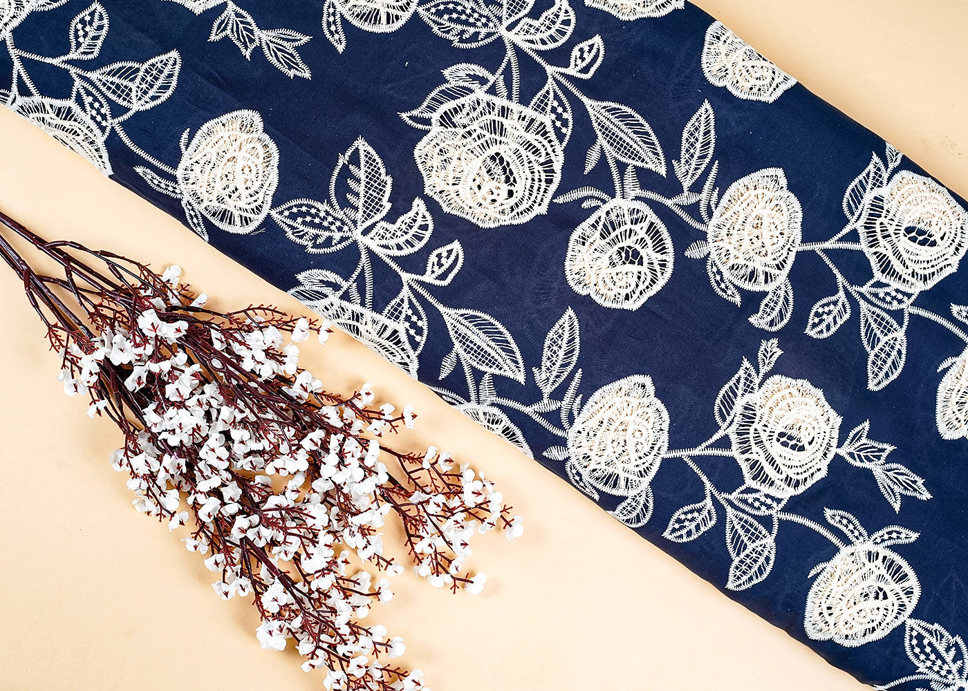 Navy Blue Imported Crepe Fabric With All Over Cutwork 15827