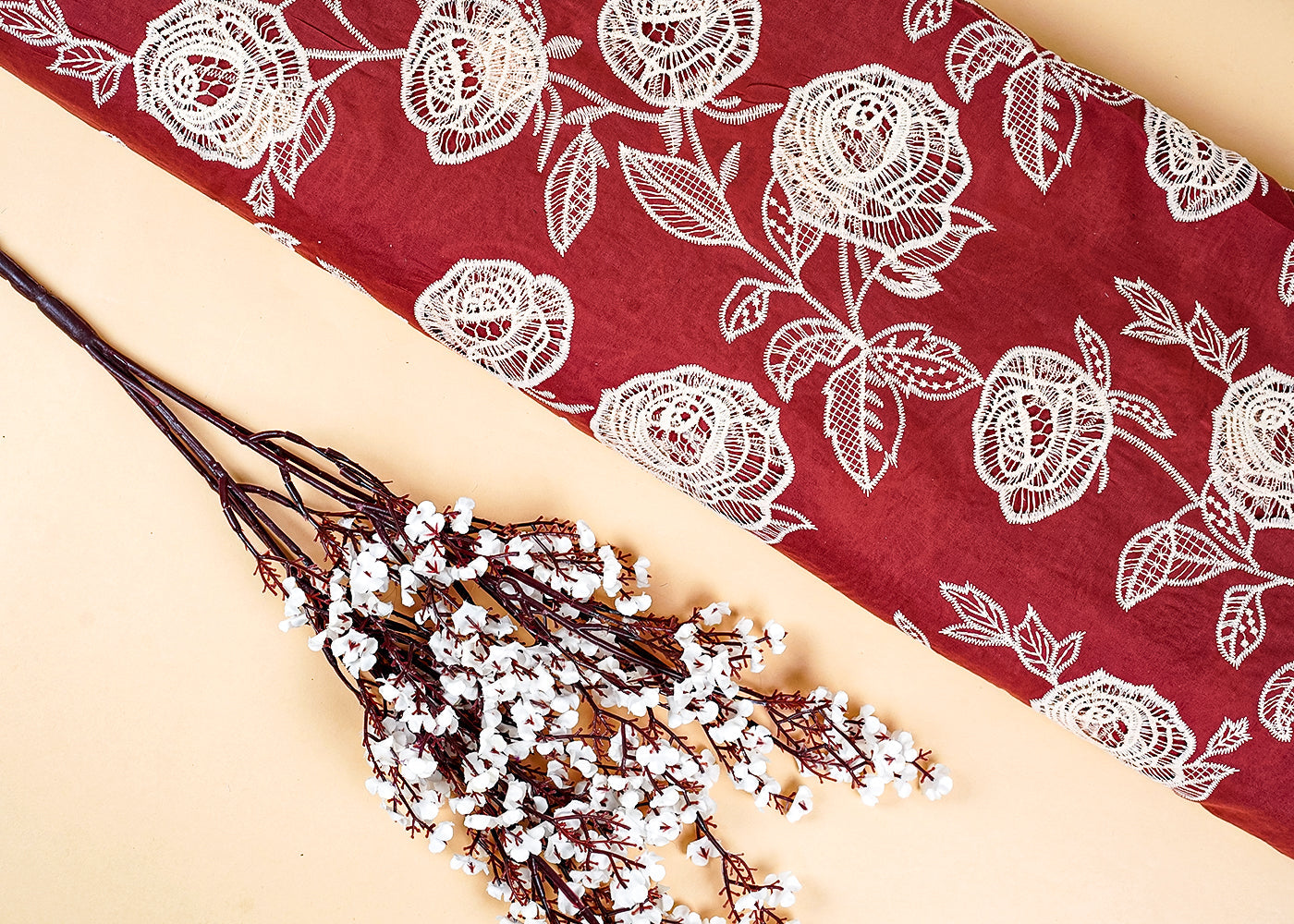 Wine Imported Crepe Fabric With All Over Cutwork 15828