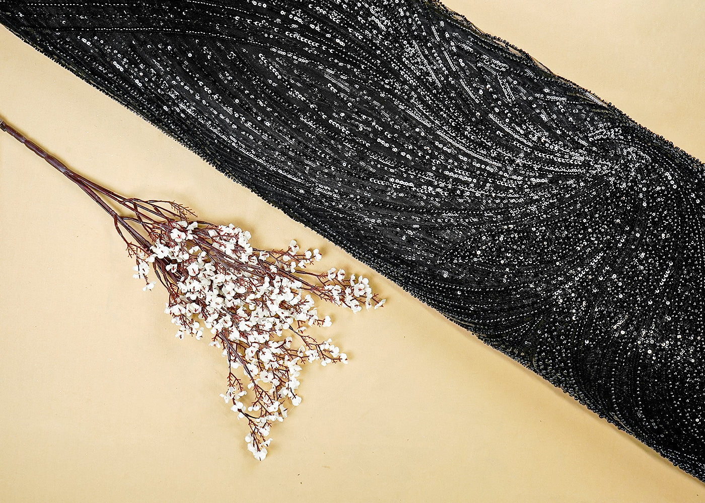 Black Imported Net Fabric with All-Over Bead and Sequin Work 15832