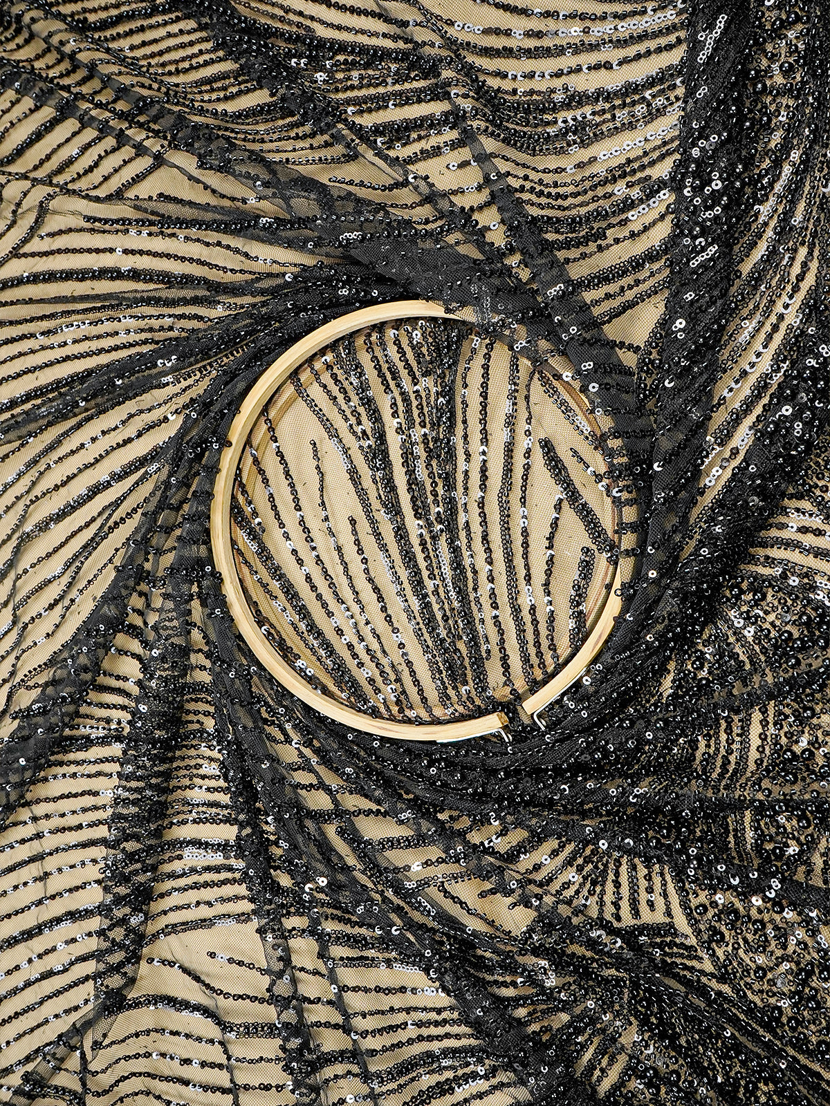 Black Imported Net Fabric with All-Over Bead and Sequin Work 15832