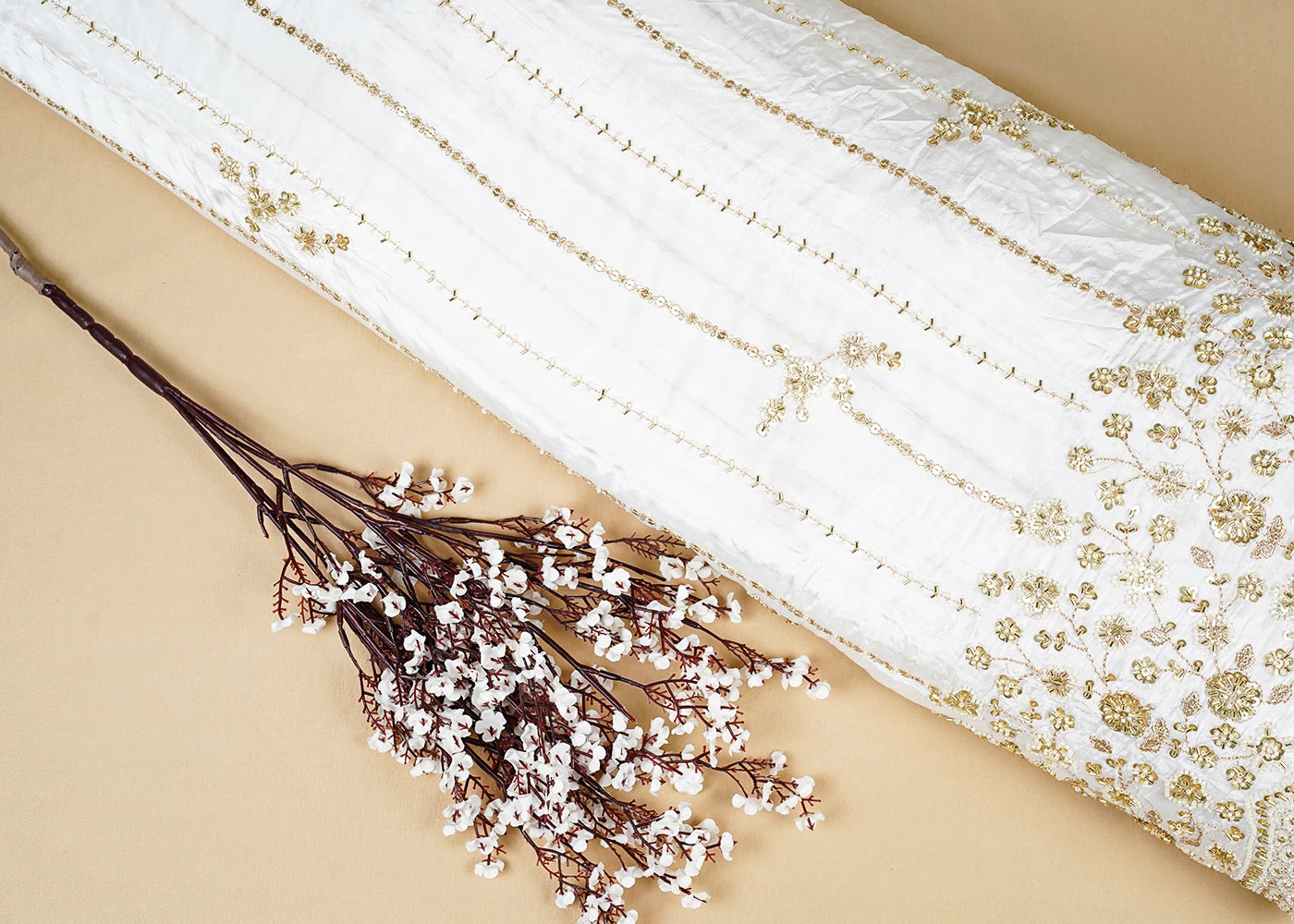 White Crepe Fabric with All-Over Zari, Sequins, and Bead Work with One-Side Heavy Border 15838