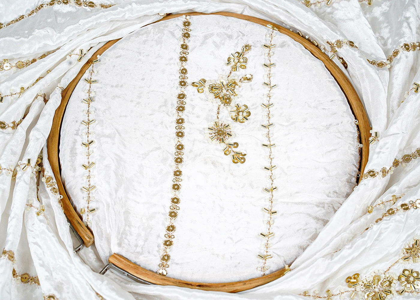 White Crepe Fabric with All-Over Zari, Sequins, and Bead Work with One-Side Heavy Border 15838