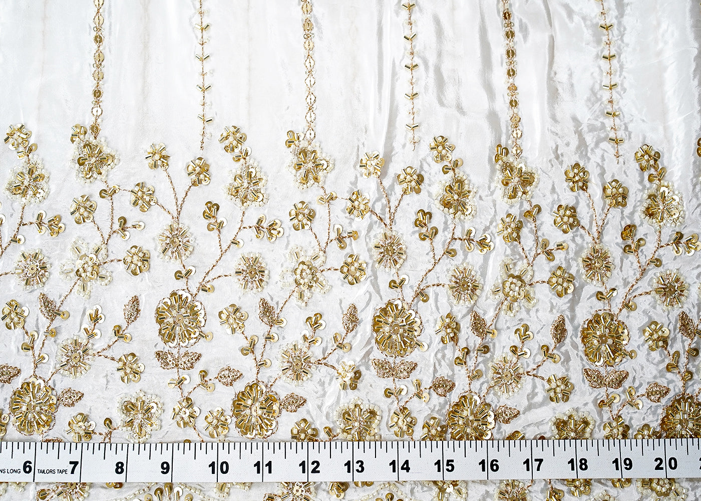 White Crepe Fabric with All-Over Zari, Sequins, and Bead Work with One-Side Heavy Border 15838