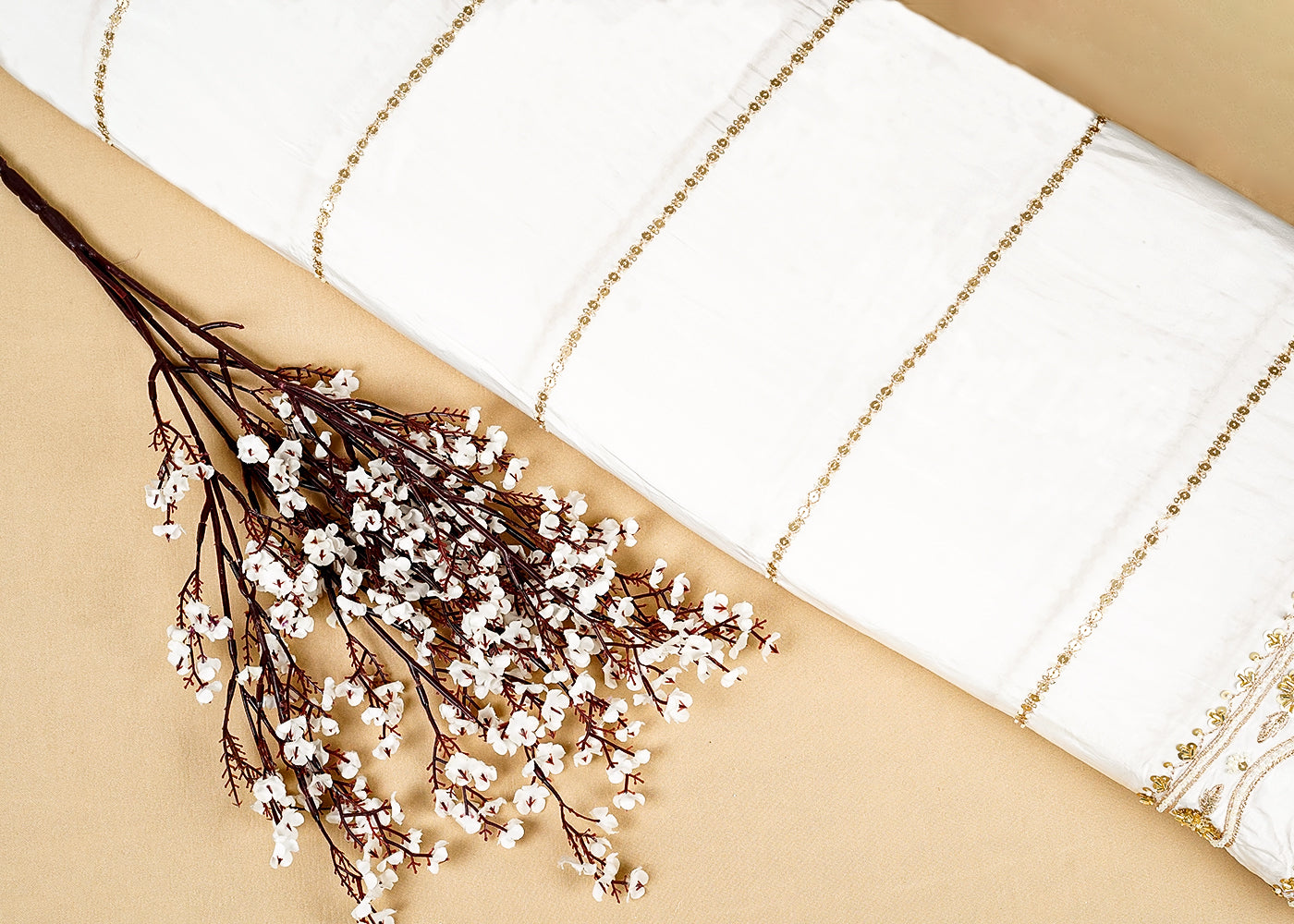 White Crepe Fabric Dupatta with All-Over Sequins, Katdana, and Bead Work with Two-Side Border 15839