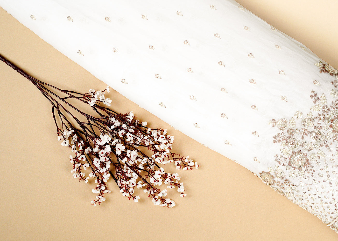 Dyeable Georgette White Fabric with All-Over Zari, Sequins, and Bead Work with One-Side Heavy Border 15840