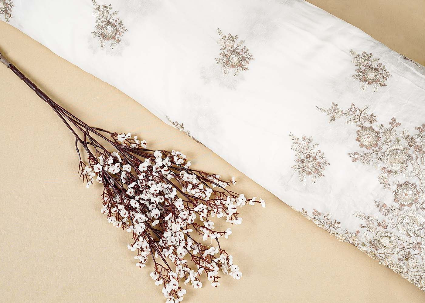 Dyeable Georgette White Fabric with All-Over Zari, Sequins, and Bead Work with One-Side Heavy Border 15841
