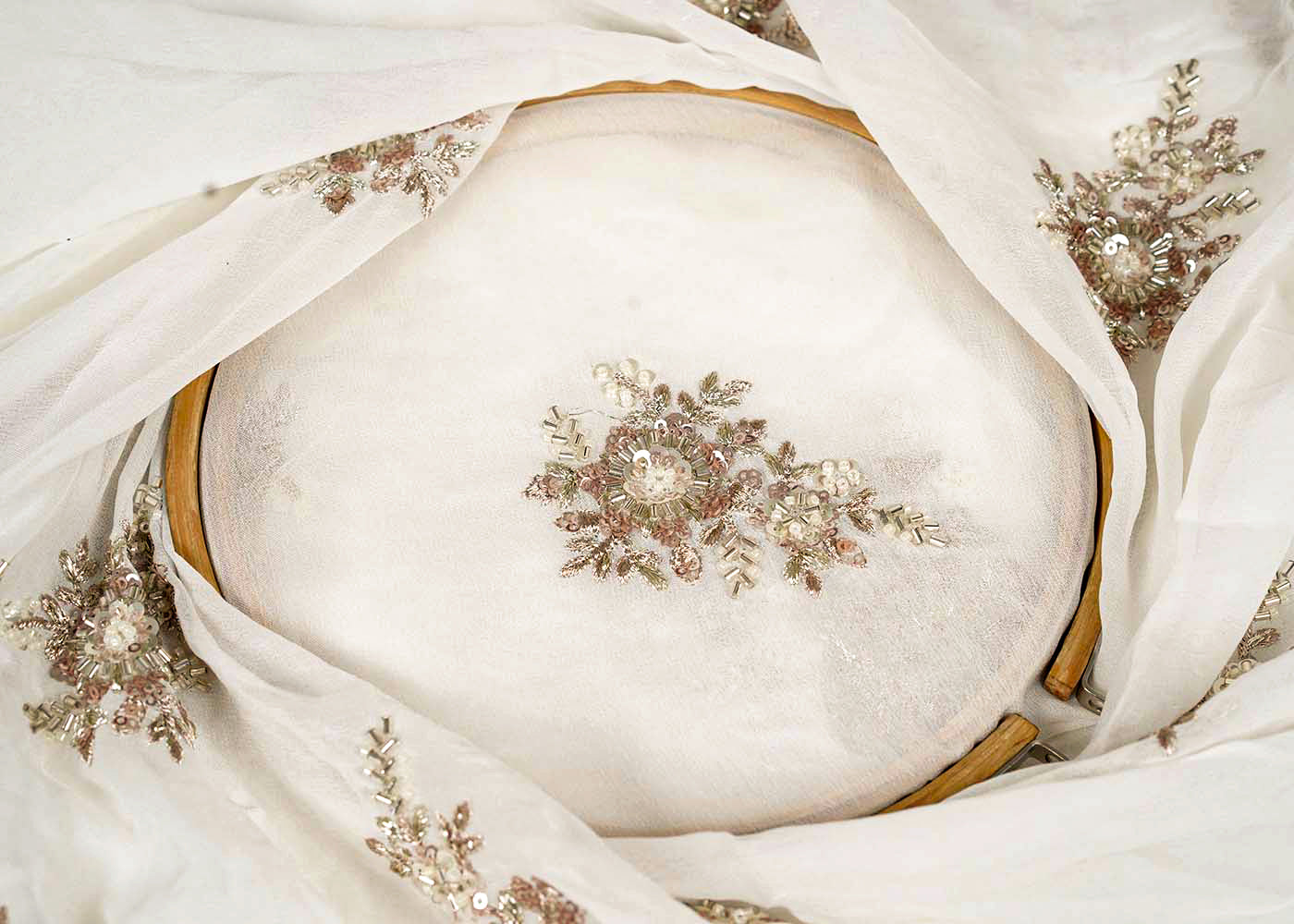 Dyeable Georgette White Fabric with All-Over Zari, Sequins, and Bead Work with One-Side Heavy Border 15841