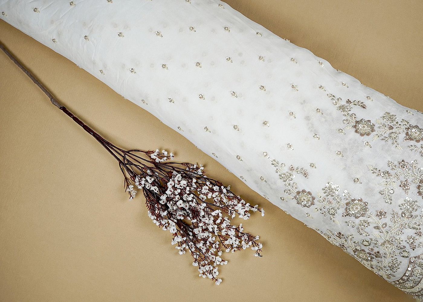Dyeable Georgette white Fabric with All-Over Zari, Sequins, and Bead Work with One-Side Heavy Border 15842