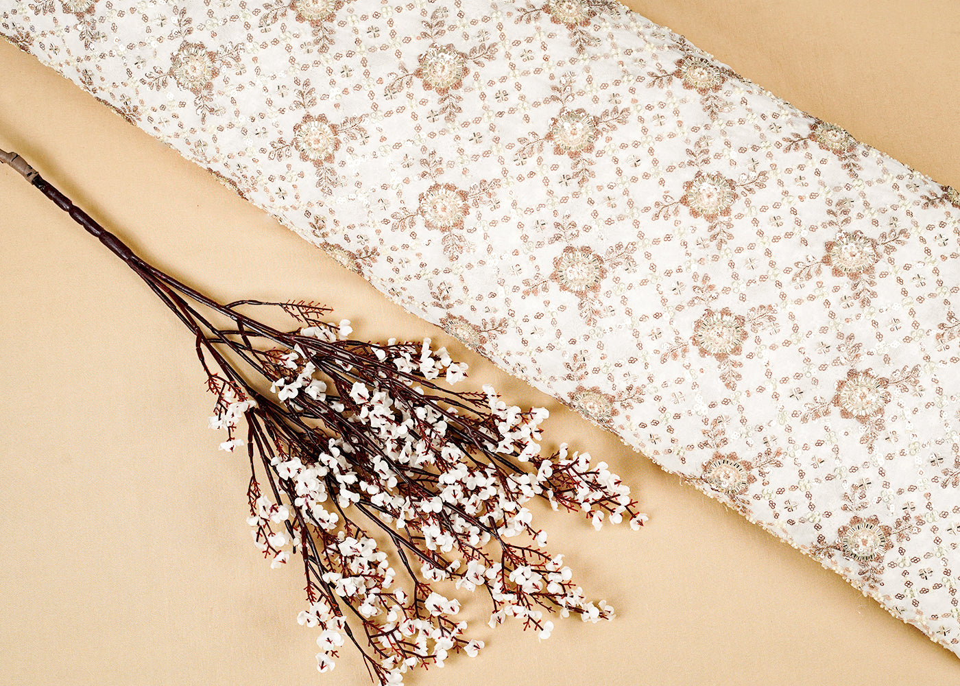 Dyeable Georgette White Fabric with All-Over Sequins, Katdana, and Bead Work 15844