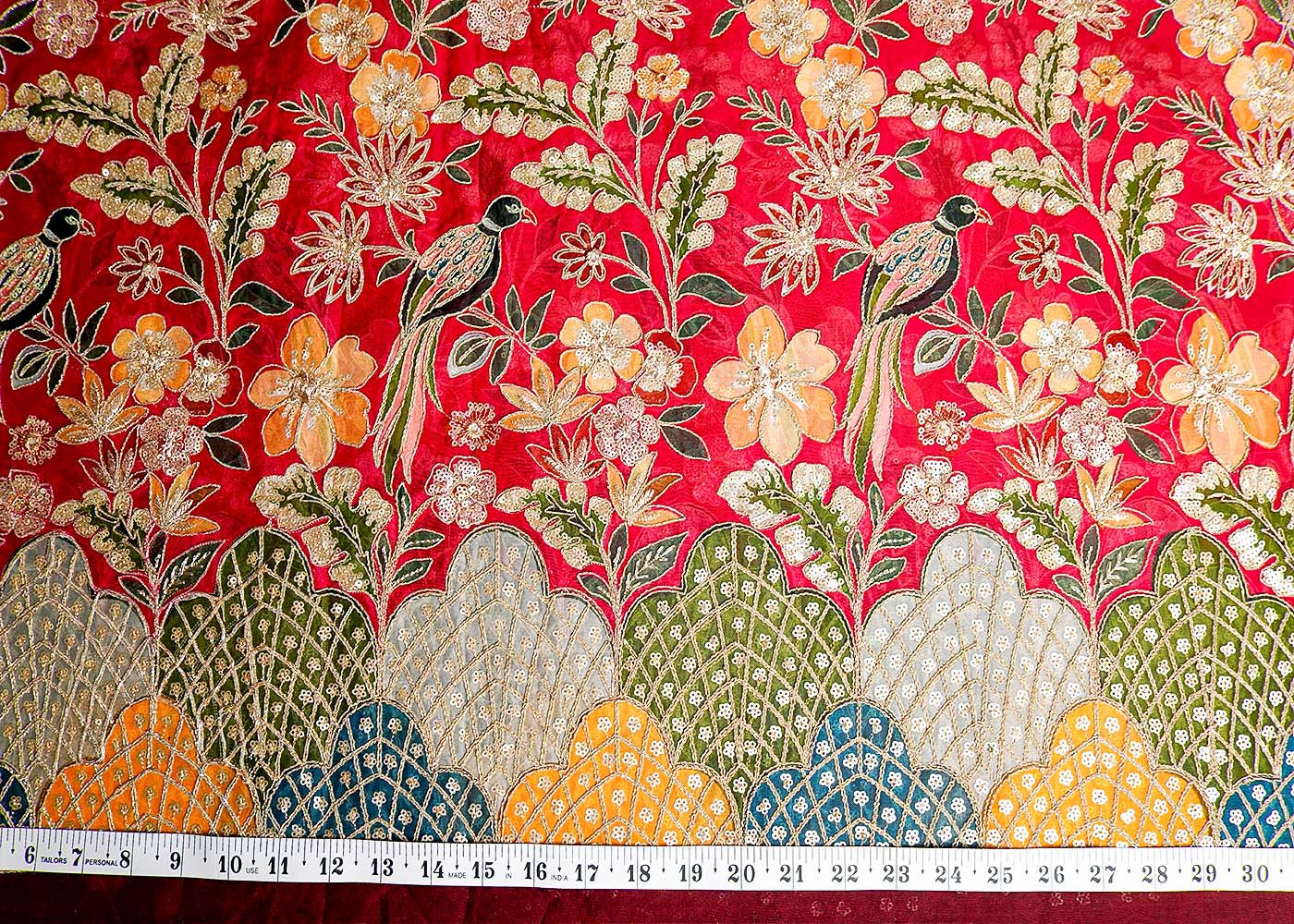 Pink Organza Fabric with All Over Zari and Sequins Work with Traditional Print and One Side Heavy Border 15854