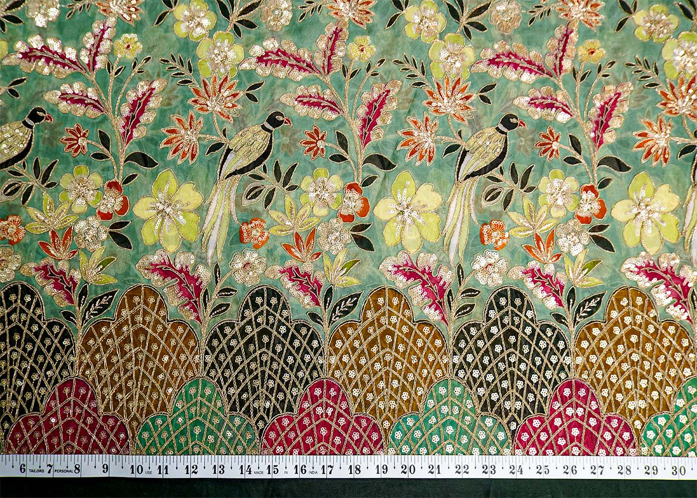 Green Organza Fabric with All Over Zari and Sequins Work with Traditional Print and One Side Heavy Border 15855