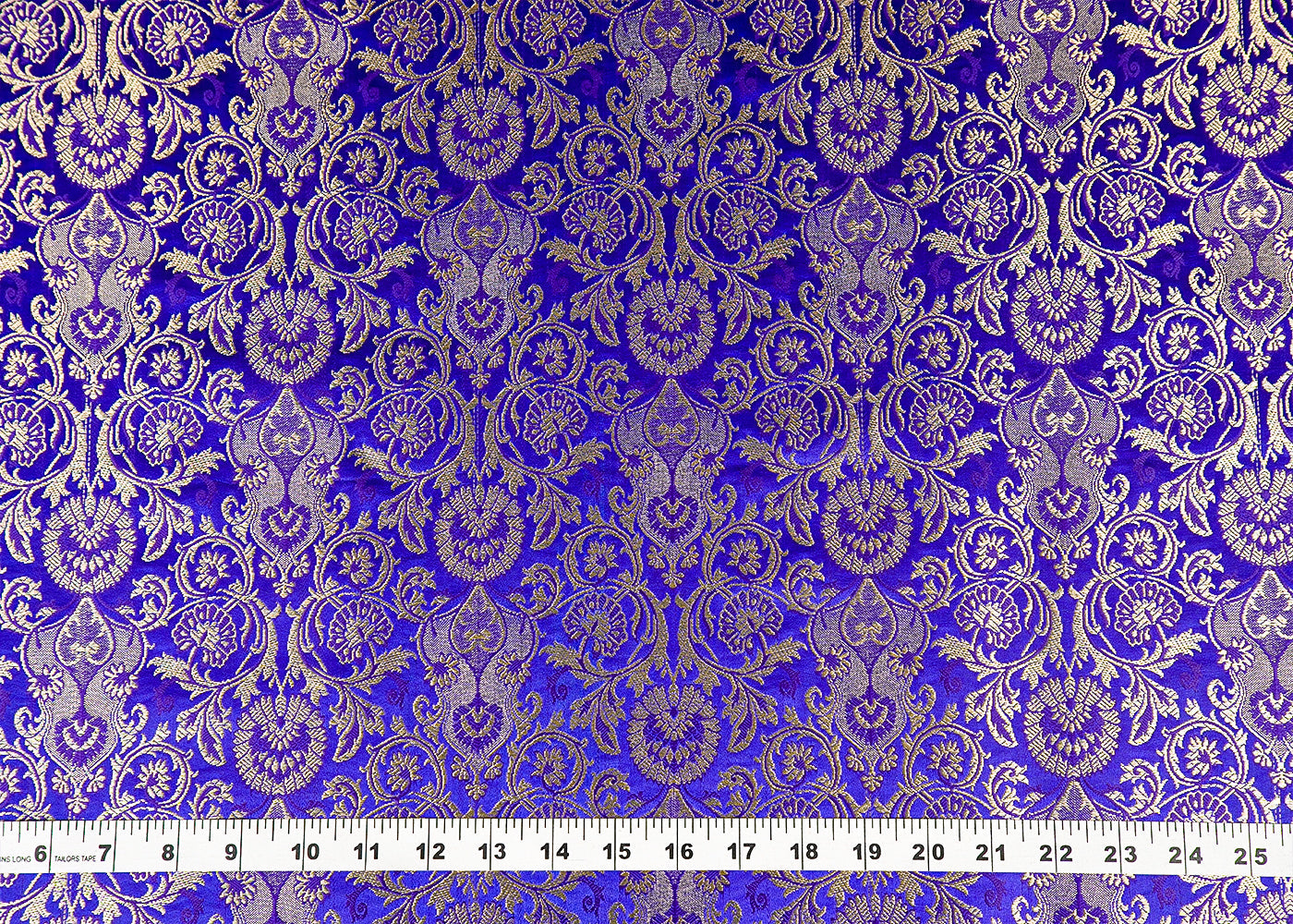 Royal Blue Banarasi Brocade Fabric With Allover Golden Zari Handloom 15870