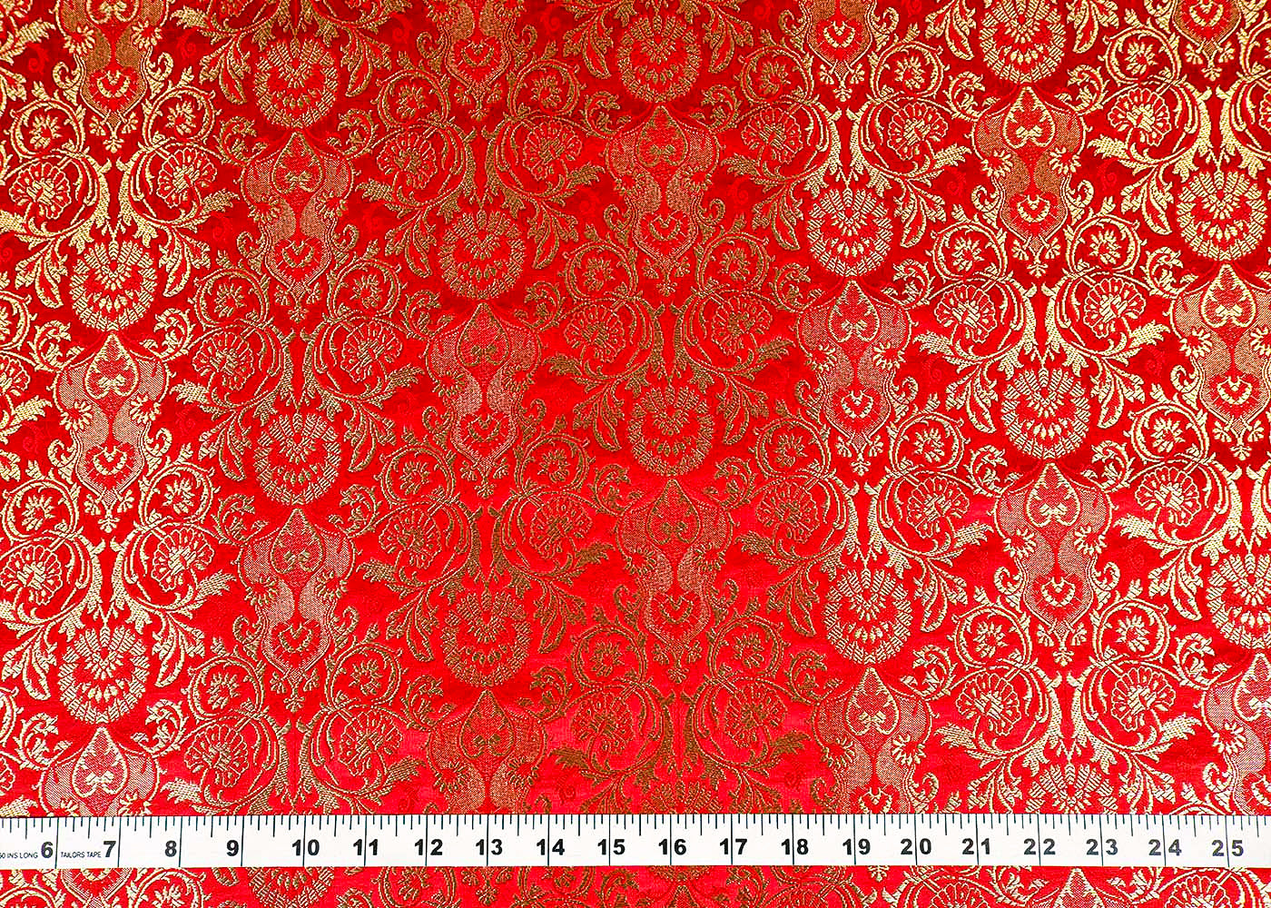 Red Banarasi Brocade Fabric With Allover Golden Zari Handloom 15871