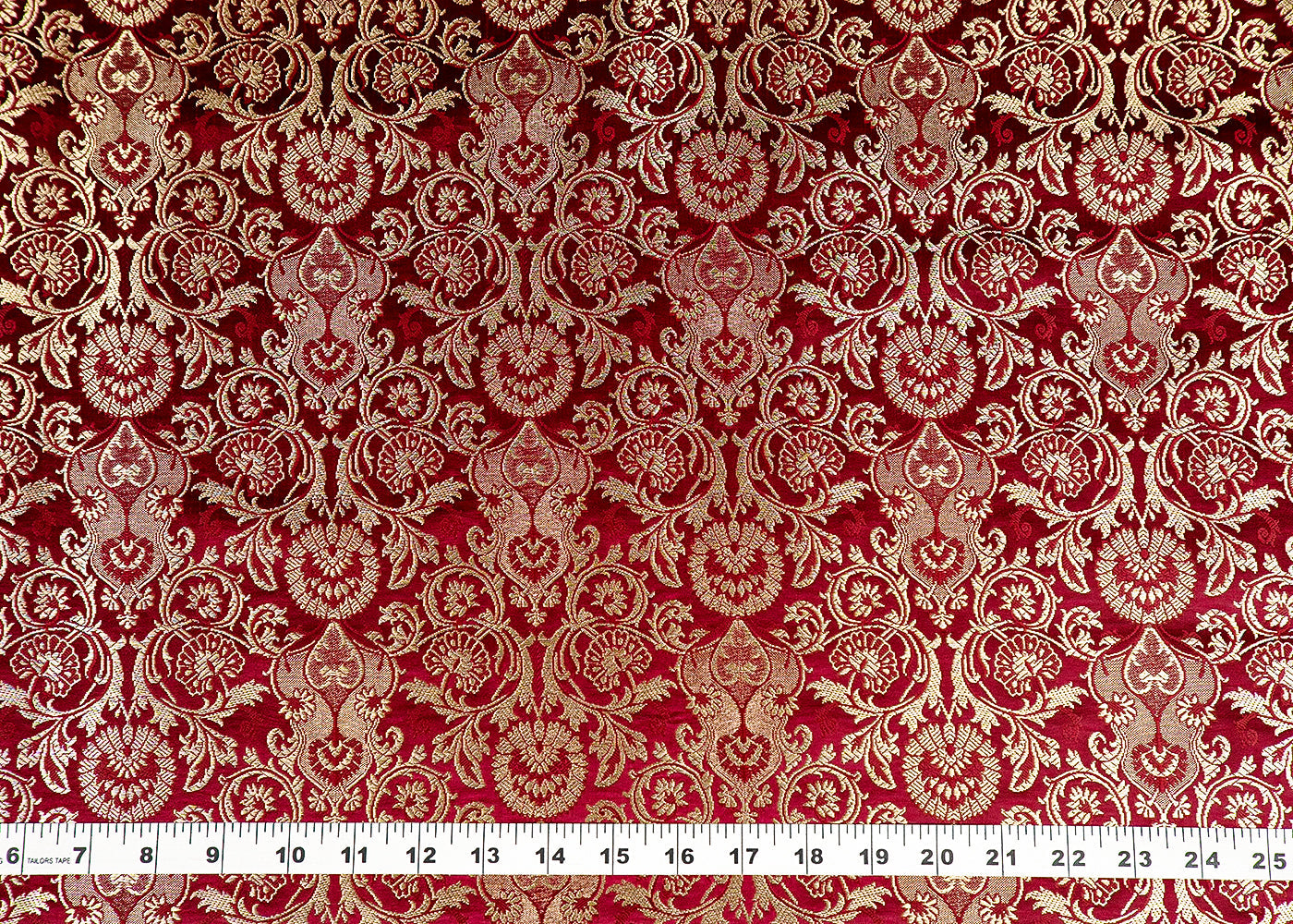Burgandy Banarasi Brocade Fabric With Allover Golden Zari Handloom 15872