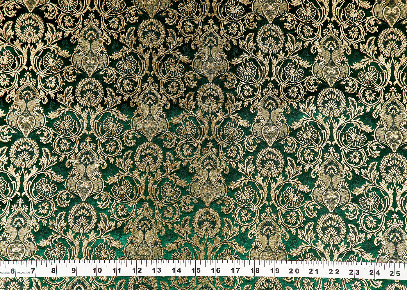 Bottle Green Banarasi Brocade Fabric With Allover Golden Zari Handloom 15873