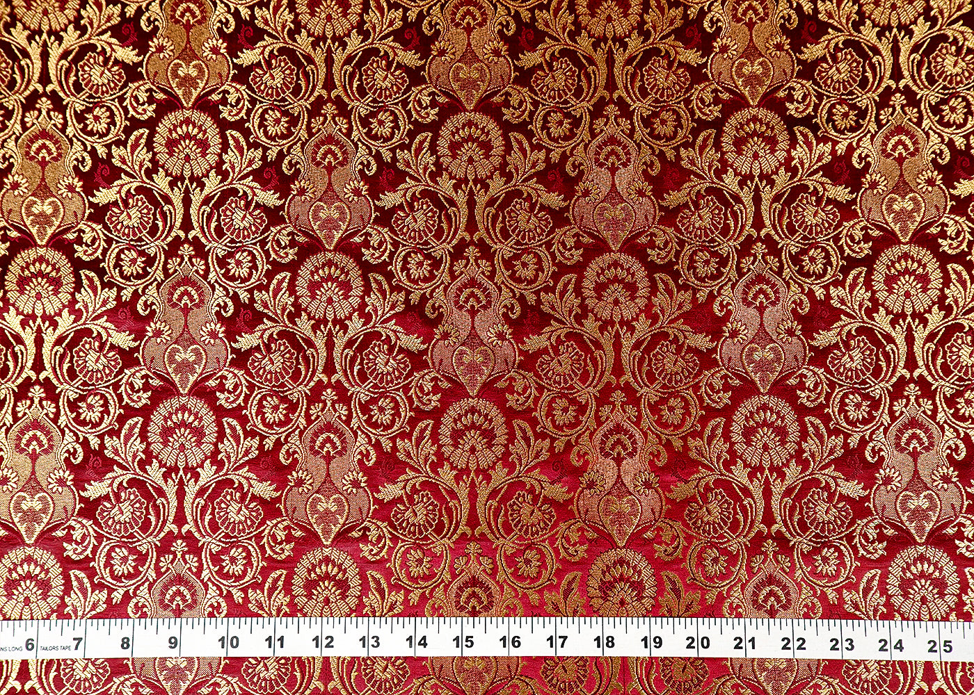 Wine Banarasi Brocade Fabric With Allover Golden Zari Handloom 15875
