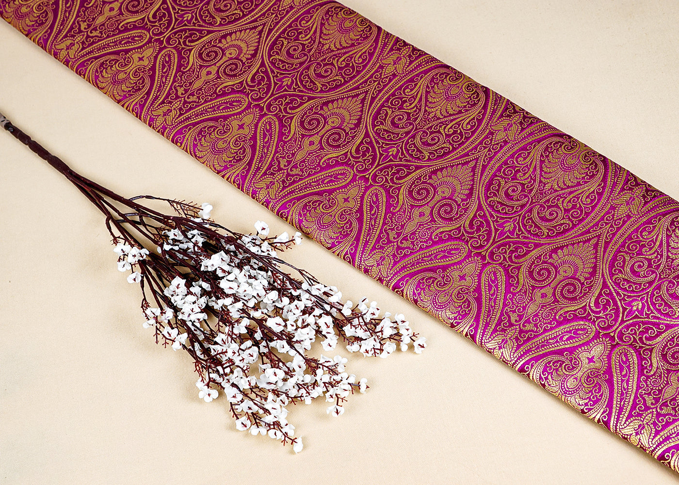 Purple Banarasi Brocade Fabric with Allover Golden Zari Handloom 15881