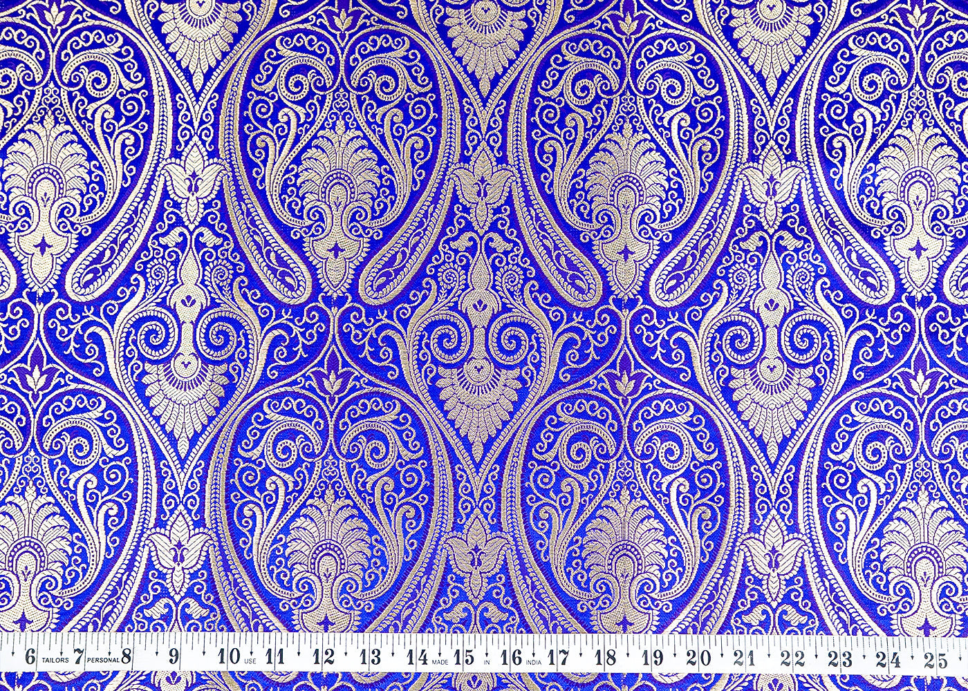 Royal Blue Banarasi Brocade Fabric with Allover Golden Zari Handloom 15884