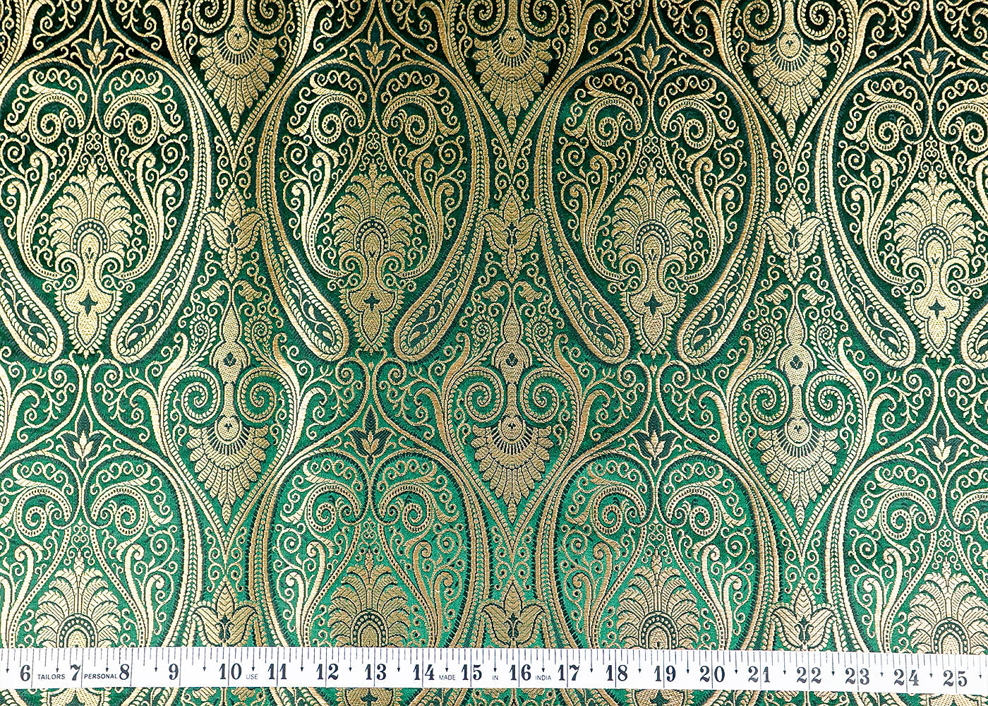 Bottle Green Banarasi Brocade Fabric With Allover Golden Zari Handloom 15885