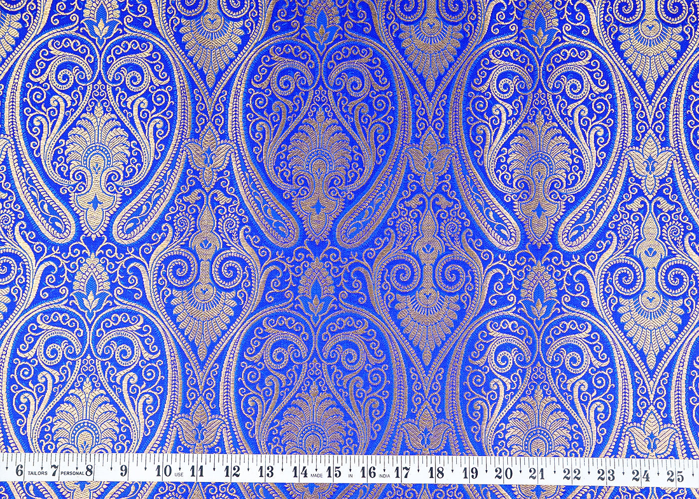 Royal Blue Banarasi Brocade Fabric With Allover Golden Zari Handloom 15886