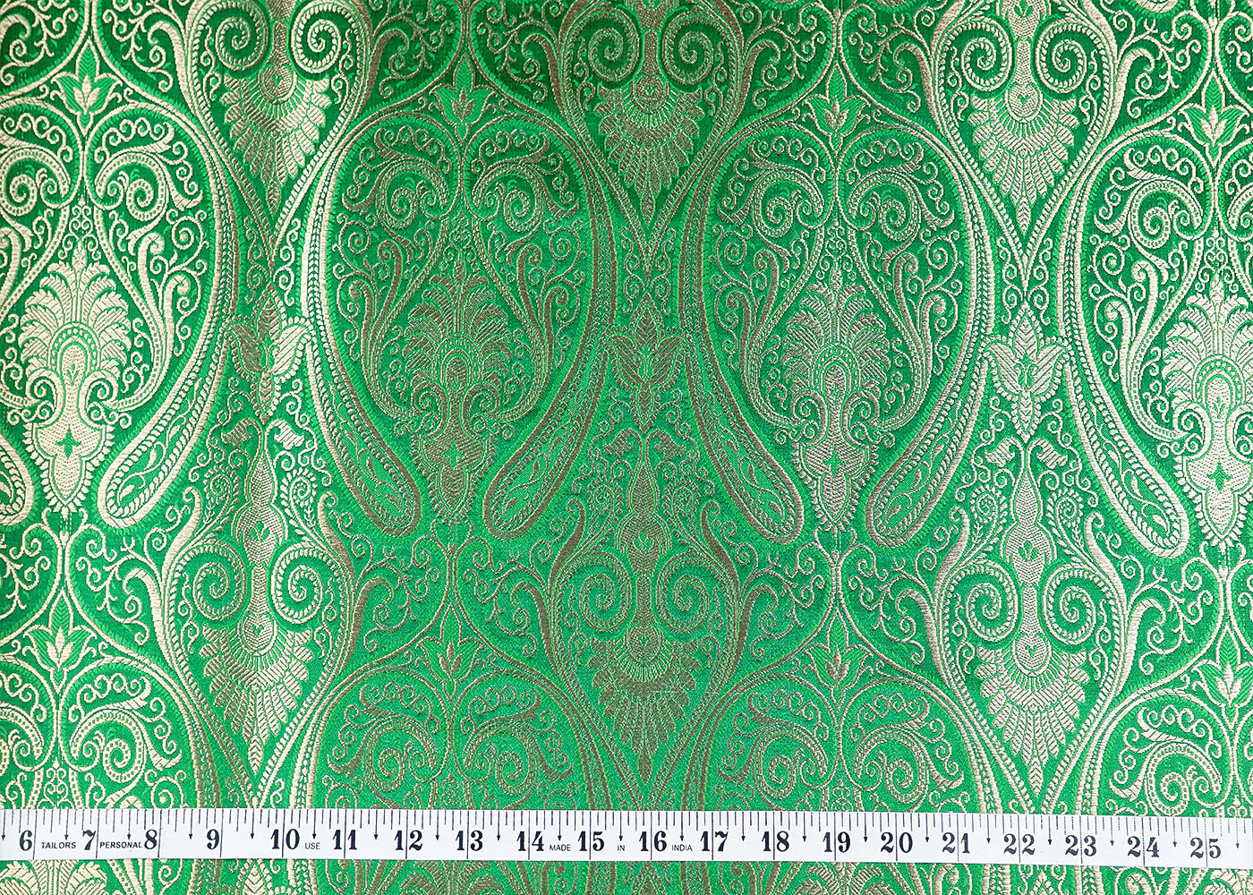 Green Banarasi Brocade Fabric With Allover Golden Zari Handloom 15887