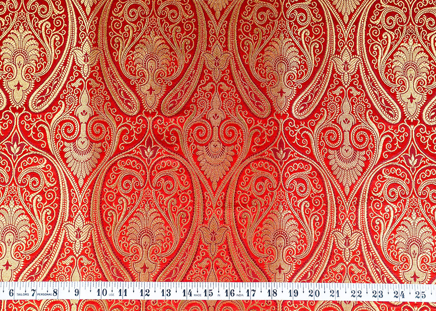 Red Banarasi Brocade Fabric With Allover Golden Zari Handloom 15888