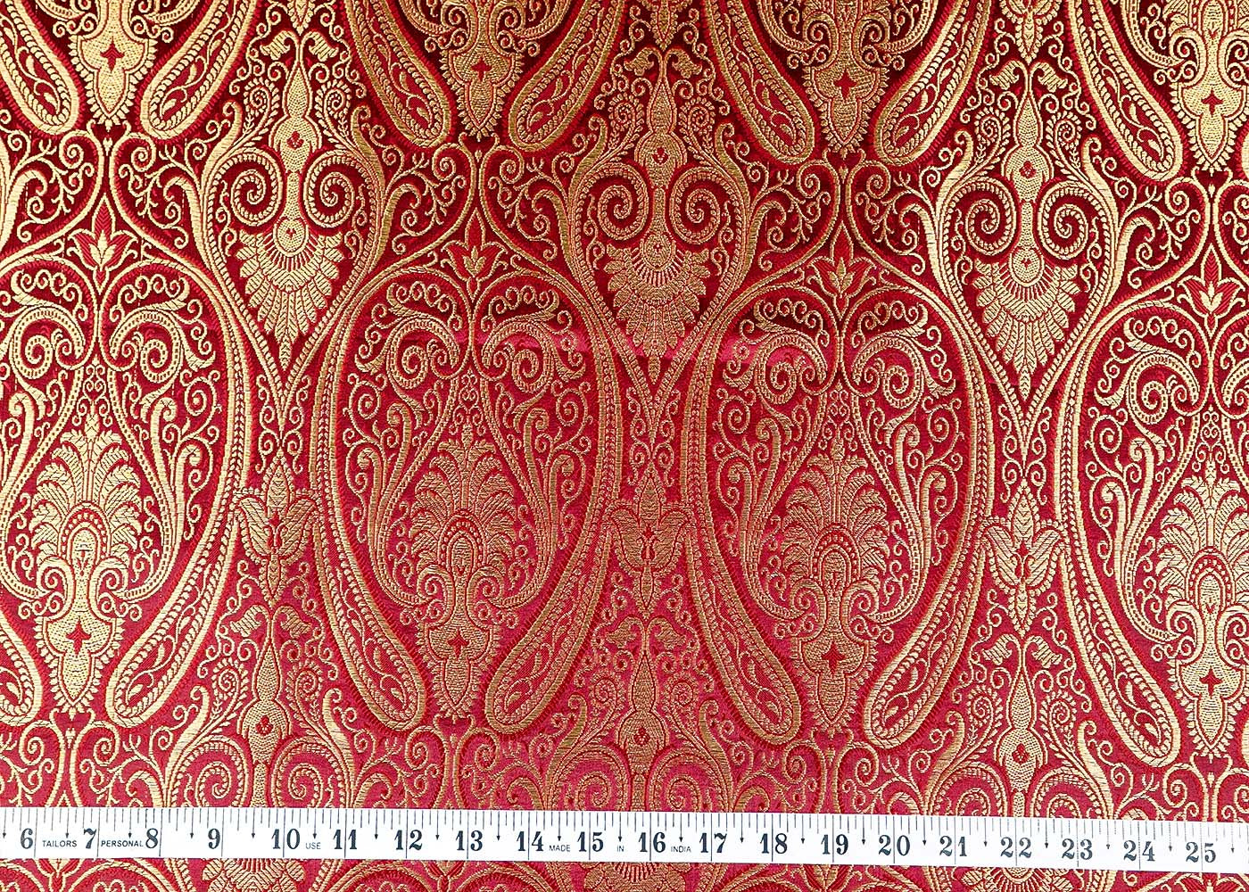 Wine Banarasi Brocade Fabric With Allover Golden Zari Handloom 15889